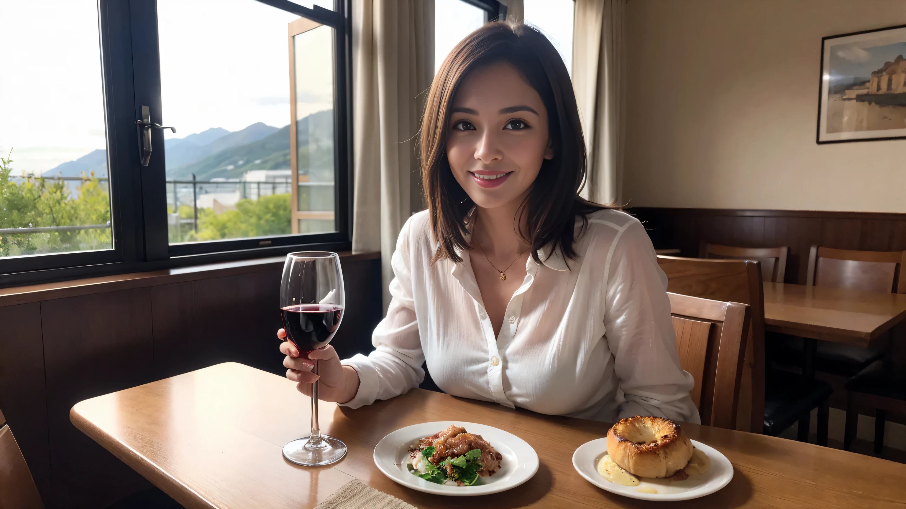 （Realistic:1.1）,(masterpiece,Highest quality)，8k,(40 years old), 42 years old, slimカップル、Model Couple、actress/actor、Tight waist,Upper Body,full-course dinner、wine 、Amazing view of the sunset sky and clouds、Perfect Anatomy, Brown Hair, short hair,Random Hairstyles,((Highly detailed face and eyes:1.2))(cute顔:1.4)，美しいactressの顔，Perfect golden ratio face，Long sleeve shirt、dress,(smile:1.2)、Shortcuts、cute、(Realistic, Intricate details:1.2), A bright smile、short hair,Bright Face、赤wine 、Appetizers、Italian food、wine bottle、Champagne、スパークリングwine、(slimな顔), (The body is slim), (Brown Hair), (Shortcuts),  Upper Body, 白wine, slim, wineグラス, 