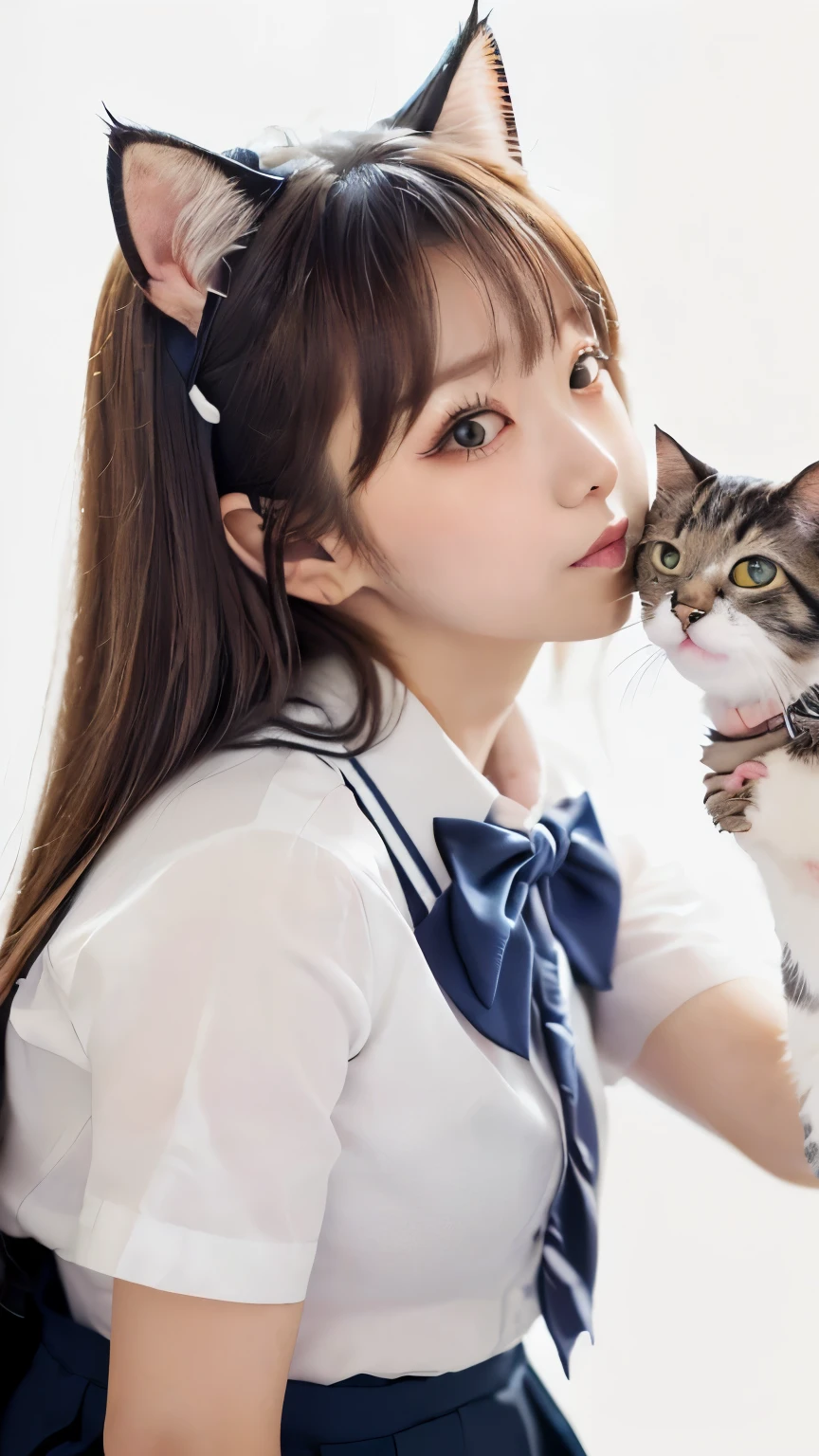 masterpiece, 4K, Bokeh, (cute:1.5), (beautiful girl:1.3), (Japanese Idols:1.6), (Cat ear:1.3) , (school uniform:1.3), (I like cats:1.6), blushed, close, (眠っているcute白猫を抱っこする :1.5), (kiss to cat:1.3), (White Background :1.4),