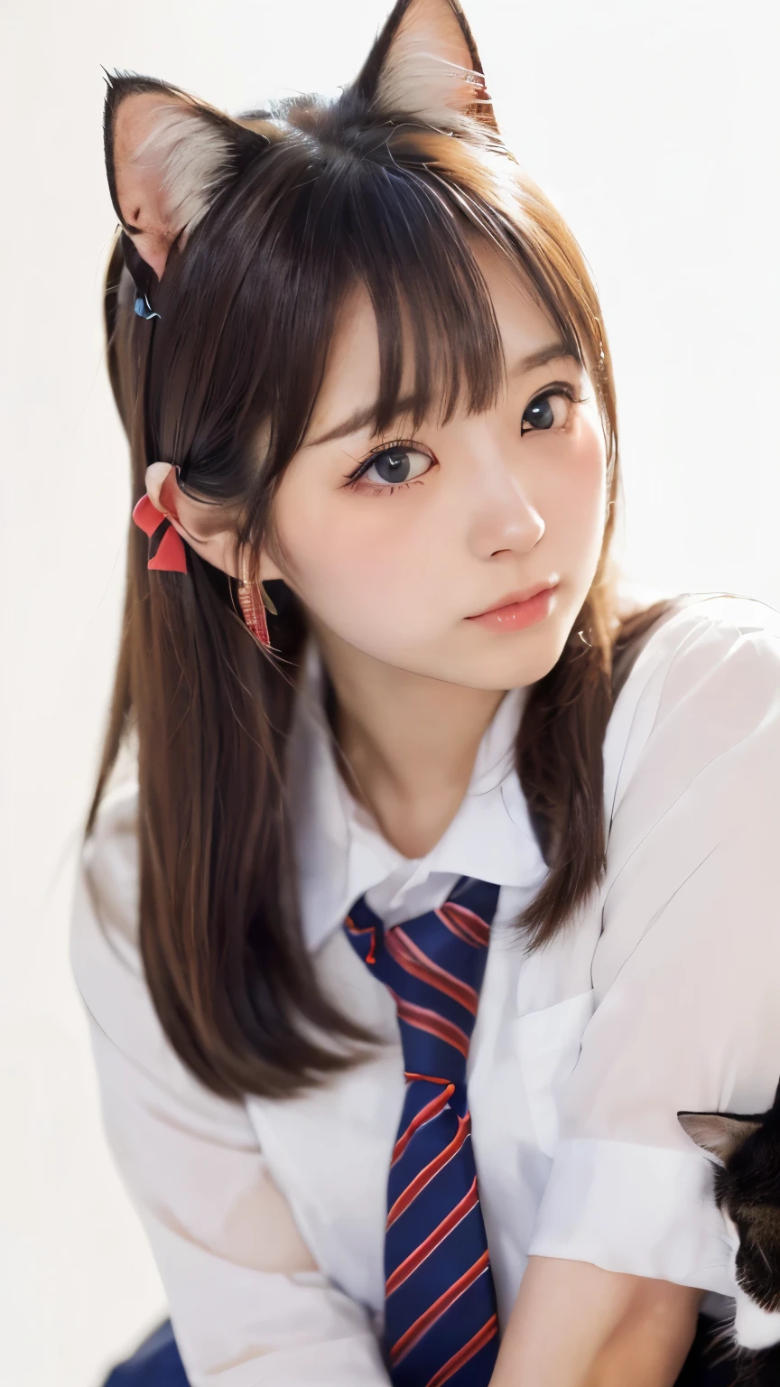 masterpiece, 4K, Bokeh, (cute:1.5), (beautiful girl:1.3), (Japanese Idols:1.6), (Cat ear:1.3) , (school uniform:1.3),  (I like cats:1.6), blushed, close, (眠っているcute白猫を抱っこする :1.5), (kiss to cat:1.3), (White Background :1.4), 