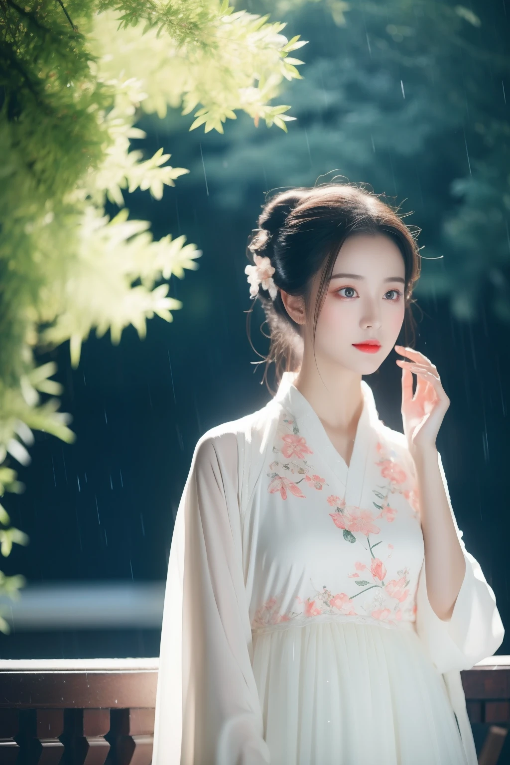 On a rainy day, Guzhen Hanfu women, White Hanfu, Portrait photo of the upper body, Hairpins, hair-bun, Green trees, Clear sky, Bridge overhangs, Dreamy, Bouguereau reports, trending on artstationh, Exquisite facial features style, Close-up photo style, 8K, k hd, Superior quality, realistic sense, First-person perspective, orthofacial，looking at viewert，flashing lights,