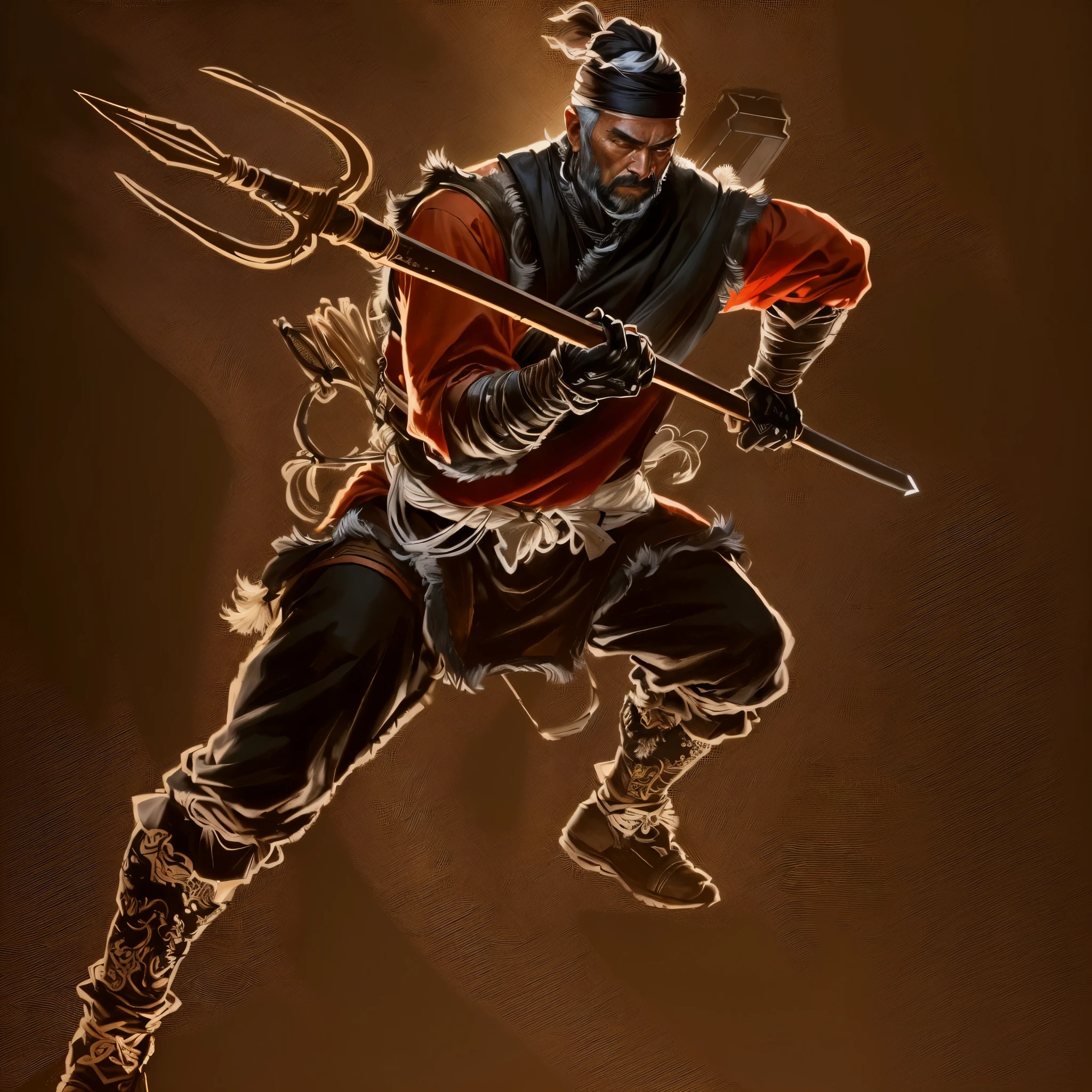 Man with spear and turban, stoic ancient Chinese man, rugged manhood, hunter figure, martial arts style, ancient art style, surrealism, cinematic lighting, ultra high definition, long shot, extremely detailed, 32k