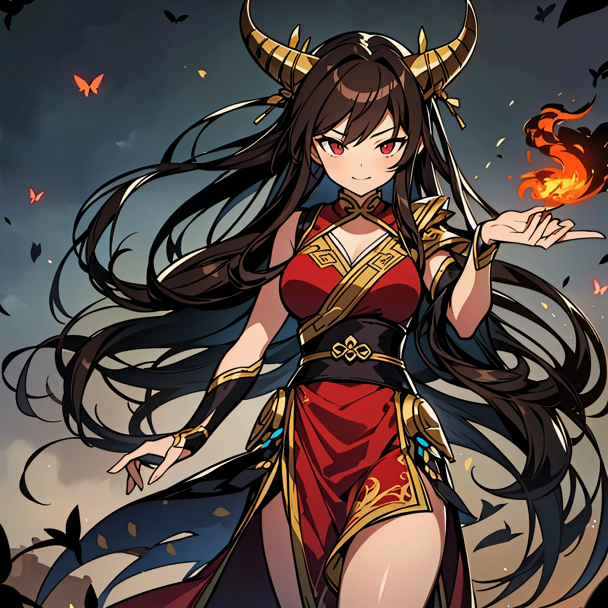 A Chinese female dancer，solo，Brown hair，Long hair，Chinese style butterfly hair accessories，There are dragon horns on the head，Flowing skirt reveals neck and shoulders，Loose top，With butterfly tattoo，Dancing with flames，The scene behind is a battlefield burning with flames。Medium shot composition, Characters and scenes, game concept art style, Anime illustration style, anime style, Classicism, anime, Conceptual art, tachi-e, close-up, 4K, masterpiece, UHD, high details, high quality, anatomically correct