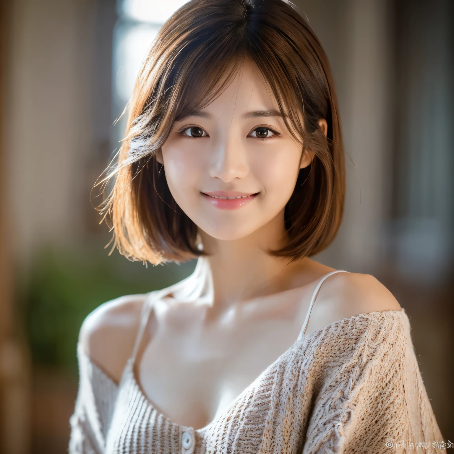 (masterpiece:1.3), (8k, Photorealistic, Raw photo, Best image quality: 1.4), Japanese 、(Random Hairstyles:1.2)、Cleavage:1.2、Super detailed face、Attention to detail、double eyelid、Put your chest together、Sharp focus:1.2、Beautiful woman:1.4、Light brown hair、highest quality、masterpiece、超A high resolution、(Photorealistic:1.4)、Highly detailed and professionally lit smile、Loose, lightweight knitwear、Shoulder out、thin、Serious expression、Short-haired、Deadly position