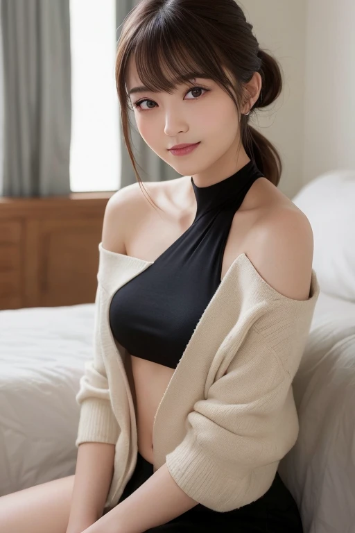 Highest quality, (beautiful)、cardigan、Shoot from above、Soft boobs、smile、Sit on the bed、Full view of 、Nipples、Belly button、Spread your legs、Black string panties