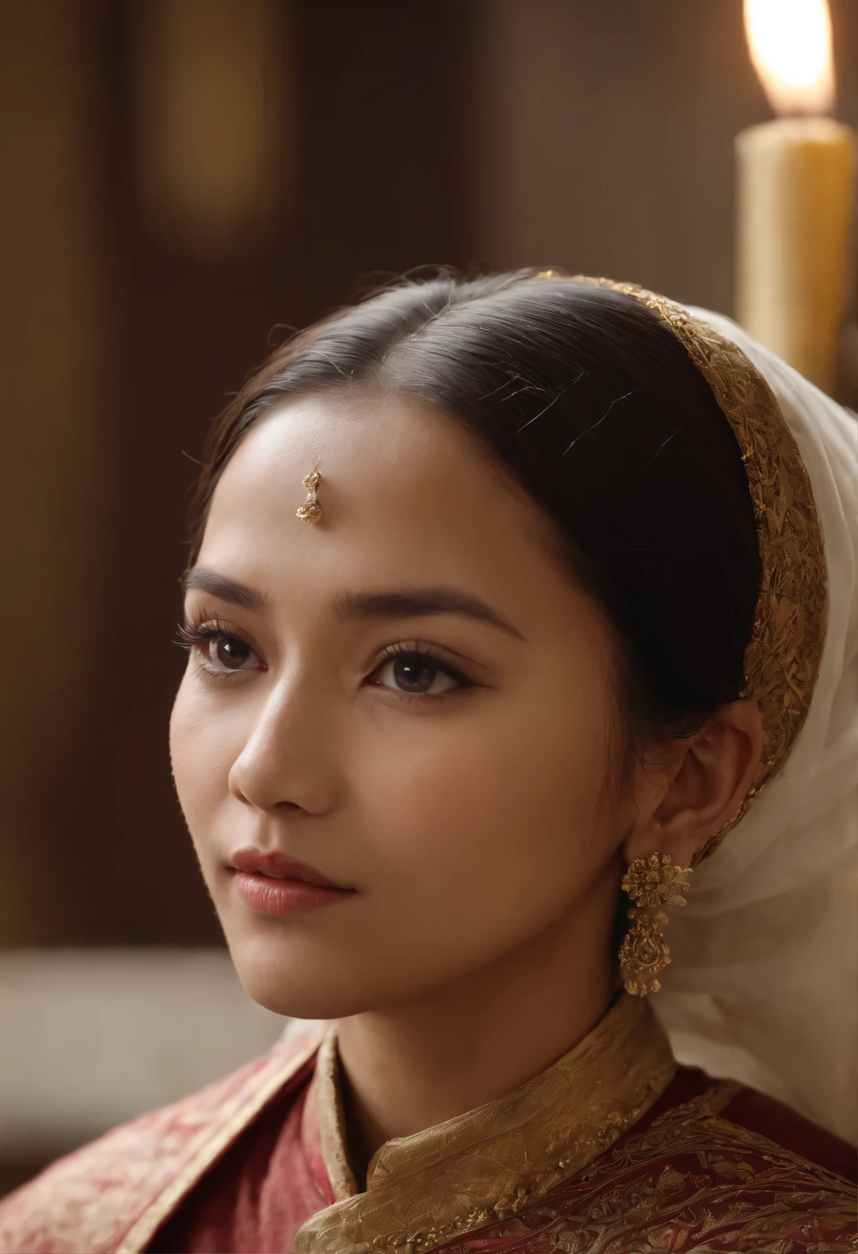 1 female, Sundanese, Ancient Java, Priest from Pajajaran Kingdom, Eyes are elegant and dignified, masterpiece, best quality, (Delicate face, Detailed consent, Delicate skin texture, Super detailed body), Practical, 4k textures, HDR, Best 8K, Crazy details, Intricate details, Ultra Detailed, Ultra-high quality, Very detailed, Super detailed, Soft movie lighting