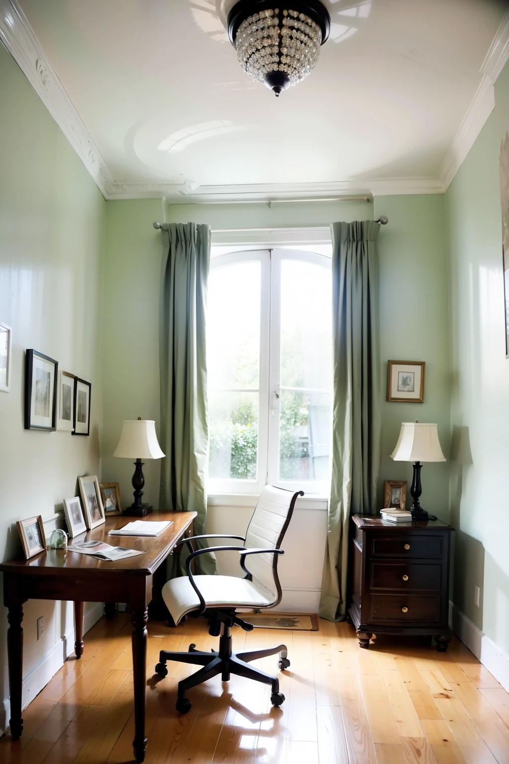 European and American minimalist style,Study room interior scene front view,overall white tone,A touch of green,or light green home decor,No chandeliers