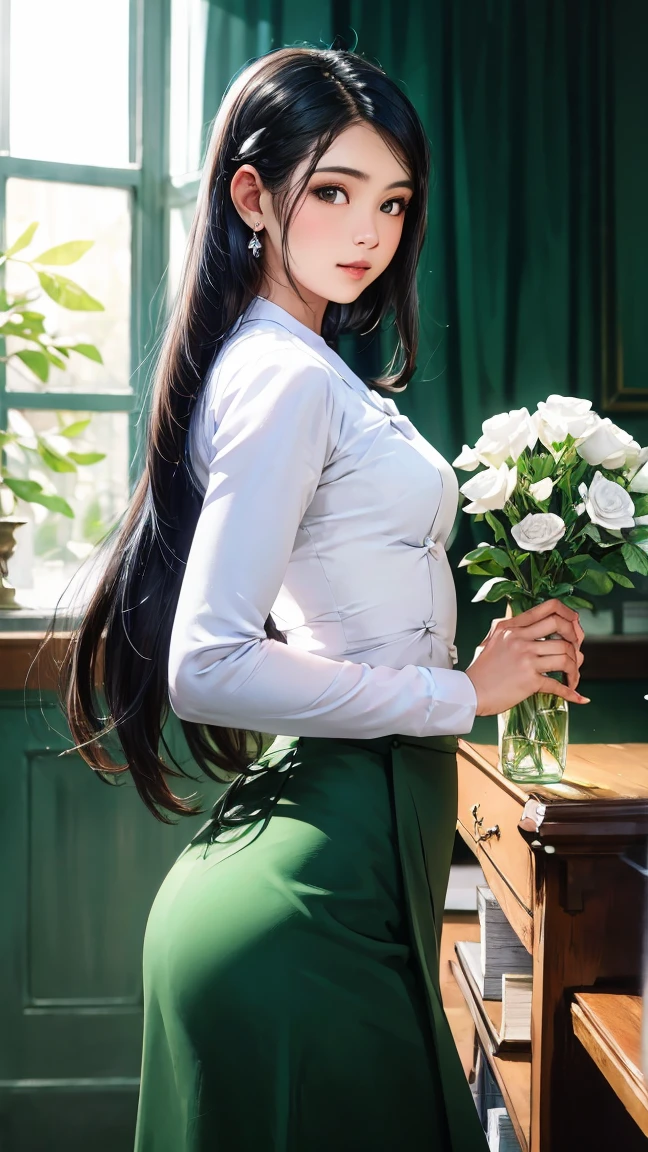 A picture of an elegant woman with beautiful long hair, decorated with a delicate jasmine vase, standing in a standing posture, charming body, high hips,  The image draws the viewer in with the beautiful gazette of the grand library.  expertly crafted;  High-resolution digital painting reveals intricate details and evokes the beauty of emptiness and ingenuity.  The warm light highlights her features and the soft c's on her face, while the soft background adds depth to the composition.  Admirable craftsmanship (acmmsayarma outfi t, acmmsayarma white top with buttons, long sleeve es);  (acmmsayarma green long skirt))