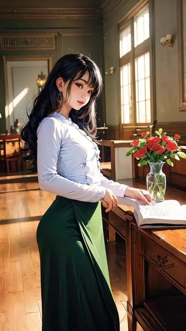 A picture of an elegant woman with beautiful long hair, decorated with a delicate jasmine vase, standing in a standing posture, charming body, high hips, The image draws the viewer in with the beautiful gazette of the grand library. expertly crafted; High-resolution digital painting reveals intricate details and evokes the beauty of emptiness and ingenuity. The warm light highlights her features and the soft c's on her face, while the soft background adds depth to the composition. Admirable craftsmanship (acmmsayarma outfi t, acmmsayarma white top with buttons, long sleeve es); (acmmsayarma green long skirt))