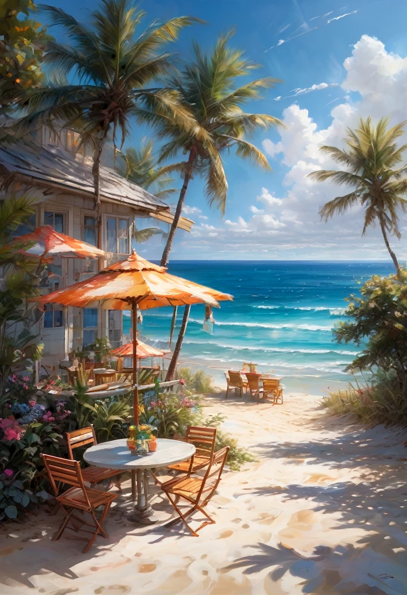 Blue Coast, a beautiful coastline overlooking the deep blue ocean, sandy beaches and crashing waves, palm trees swaying in the gentle breeze, clear blue skies with fluffy white clouds, a lone sailboat in the distance, sparkling sunlight reflecting on the water, seashells scattered on the beach, children building sandcastles, seagulls soaring in the sky, a small beachside cafe serving refreshing drinks, vibrant and saturated colors, soft and warm sunlight, a peaceful and serene atmosphere, a sense of tranquility and relaxation (best quality,ultra-detailed,highres,professional:1.2),coastal landscape,photorealistic,exquisite brushwork,subtle textures and details,layers of vibrant colors,emphasizing the beauty of the ocean, capturing the essence of a summer beach day