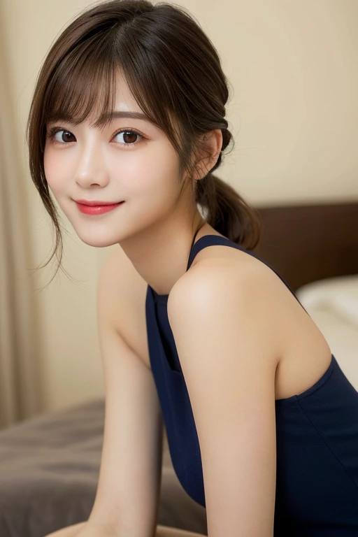 (Highest quality: 1.5), (Realistic: 1.5), (1 person: 1.5), Highly detailed, fine, high resolution, 8k wallpaper, perfect dynamic composition, small breasts, natural colored lips, cute smile , Japan A female, 20 years old girl, beautiful and exquisite face, perfect and beautiful face, beautiful and fine, big eyes, brunette eyes, beautiful and exquisite face, perfect and beautiful double eyelids, natural bangs, beautiful Thin nose, beautiful skin, chestnut brown hair, short ponytail, medium ponytail, natural bangs, perfect and beautiful face, slim face and figure, (looking at camera), bright lighting, professional lighting, order Light, natural smile, bedroom, halter shoulder, flat sitting, girl sitting, wariza, beautiful navel, natural pose,
