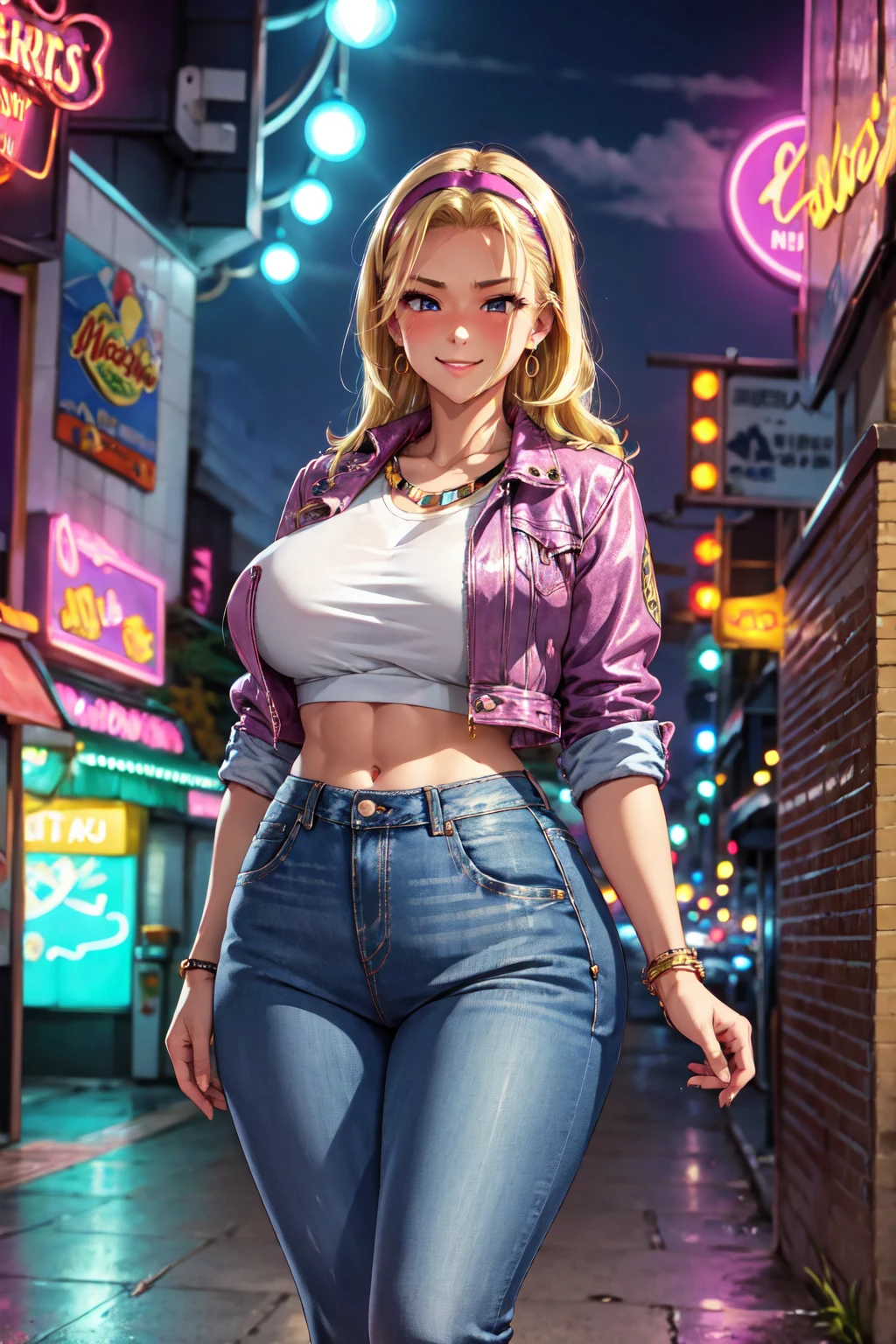 (high quality, High resolution, Finer details), Retro Fashion, Neon Light, outfits from the 80's, High Waist Jeans, colorful pattern, Patchwork Denim Jacket, Funky Earrings, Stylish headband, alone, Curvy Women, blonde, Big Hair, Slicked back hair, Sparkling eyes, (fine grain:1.2), (Bright makeup:0.2), smile, blush, Sweat, Oily skin, Shallow depth of field,Abdominal muscles,Muscular