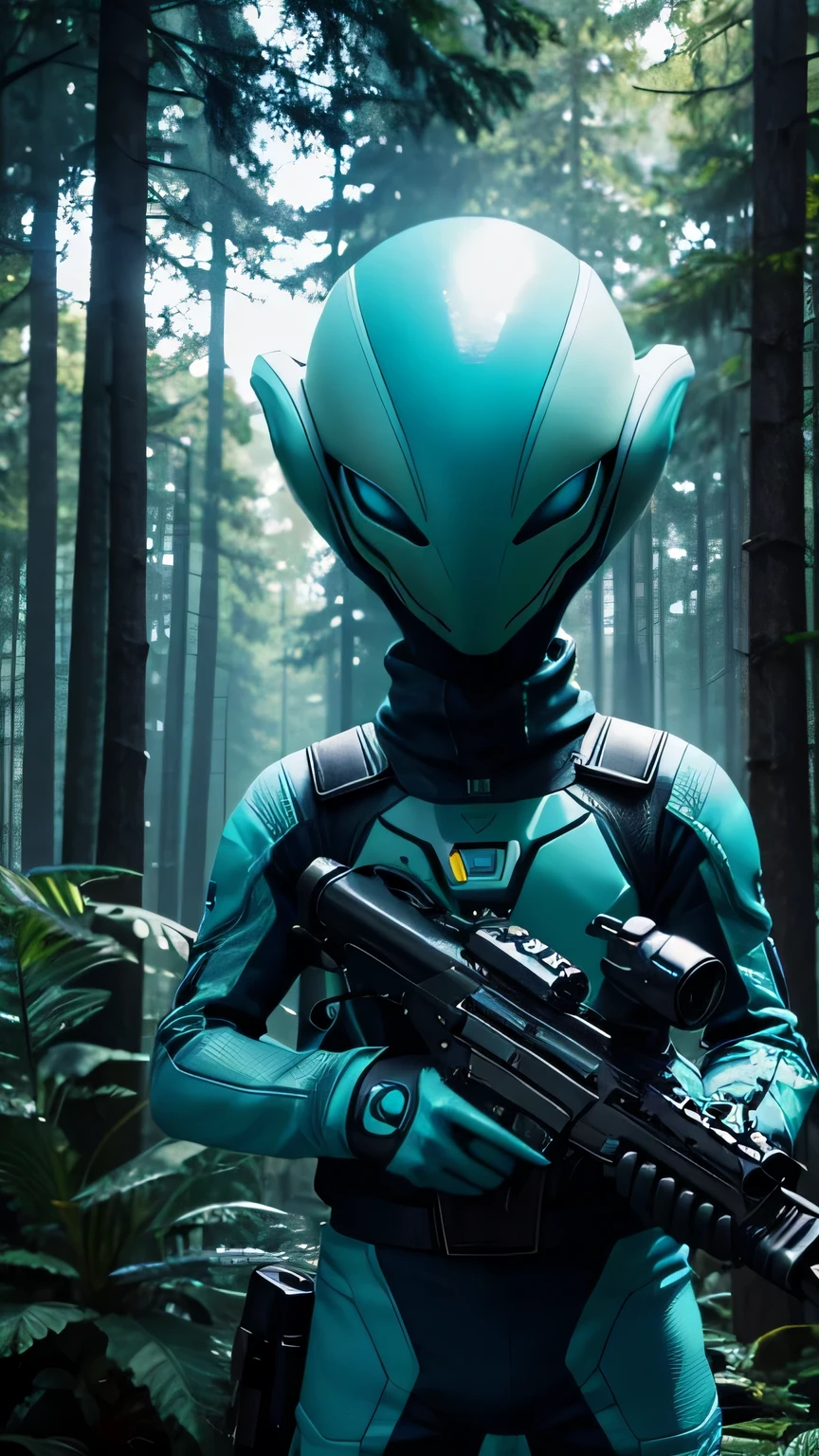 Alien with cyan colour and friendly nature holding a ray gun in forest