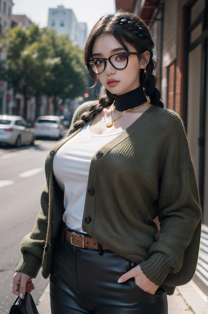 (masterpiece1.5),adult lady,Huge breasts,Solo,(((braid))), Long hair, half-opened mouth,(Red Frame Glasses),(Black hair), (large eyes with double eyelids),(Thick lip),(lofty nose),(High gauge (tight fitted:1.1) (Black:1.3) turtle neck:1.1), (Tuck-in:1.3), (Orange Cardigan:1.2), (checkered (Dark olive green) Tapered pants:1.3), Dark brown belt, Gold necklace, (Dark brown:1.1) lowfers,Nice backgrounds for your subject、beatiful backgrounds、spot light、Vibrant colors、(((Detailed drawing)))、Perfect Beautiful Girl