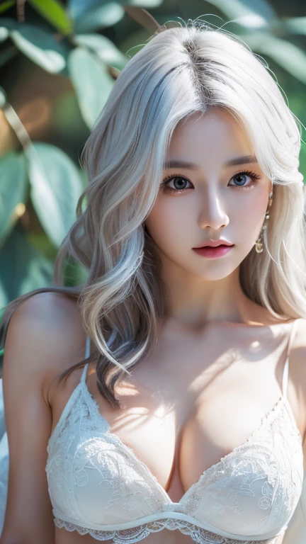 (Surreal), (figure), (High resolution), (8K), (Very detailed), (best figure), (Detailed and beautiful eyes), (highest quality), (Super detailed), (masterpiece), ( wallpaper), (Detailed face), alone, 1 girl, Wavy white hair, Korean, Different Eyes, Long legs, Toned Abs, 