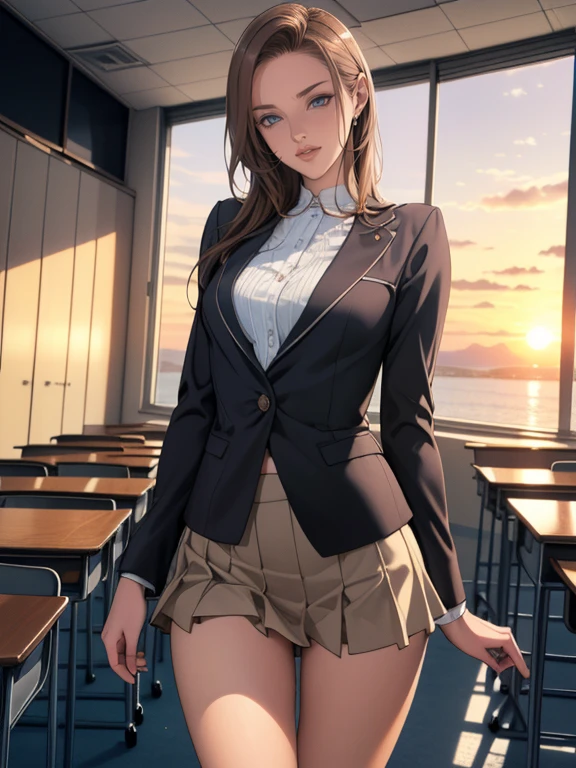 (8k,Photorealistic, masutepiece, Best Quality, Raw photo:1.3)、1woman in, 25years old,Solo,school girl, Long hair, Brown hair, Detailed beautiful face, alluring face, (Detailed beautiful brown eyes:1.2), medium breasts,(loose suit, mini Skirt :1.35), ( Perfect body skinny beauty: 1.4),( temptation Pose:1.3), (Looking at Viewer, front view,eyes focus:1.2), Detailed background, (sunset:1.2), classroom,fine detailed, intricate detailes,  Ray tracing, depth of fields, seductive smile,classroom,