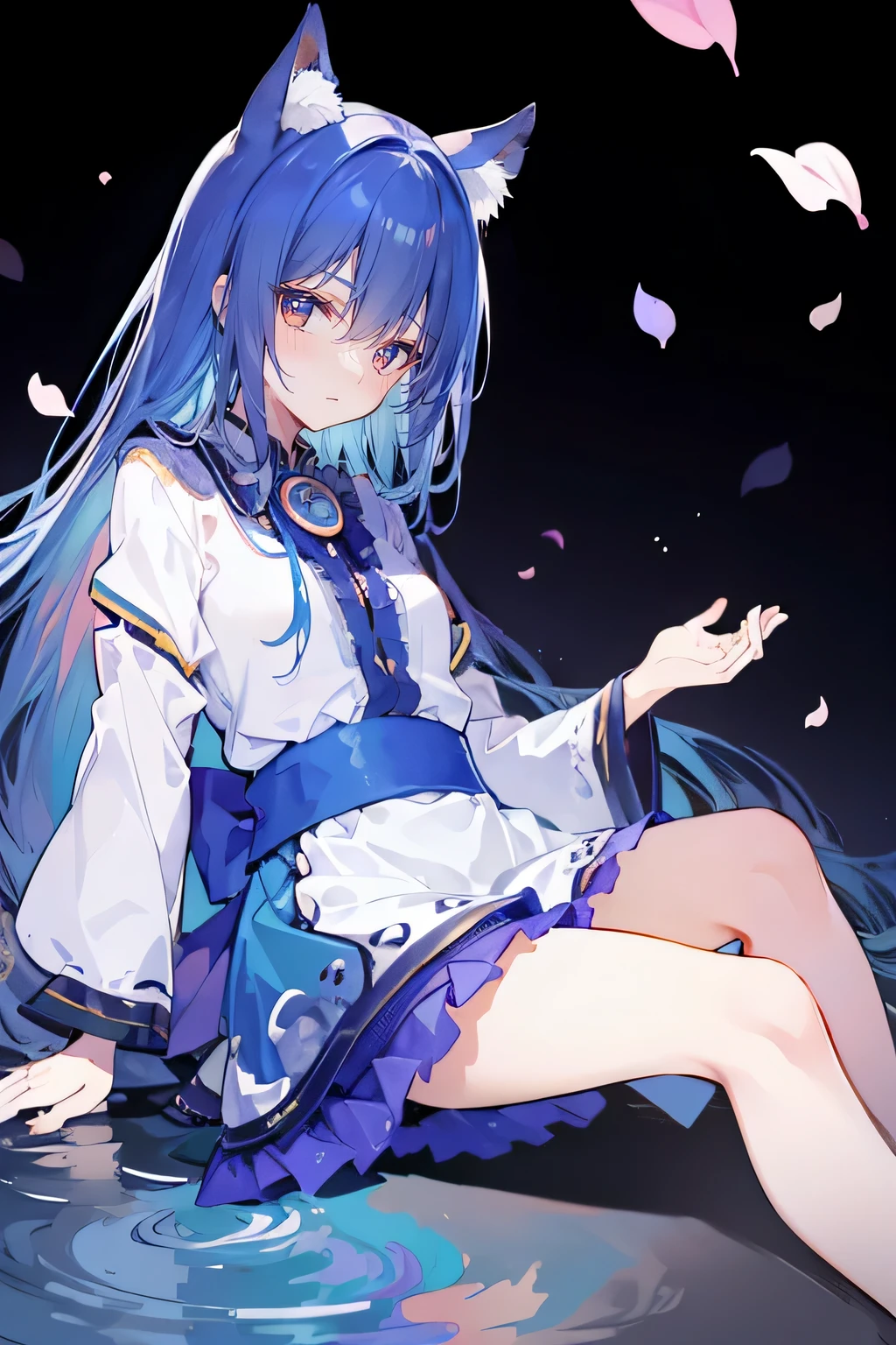 (masterpiece:1.2),Super detailed,lifelike,Expressive eyes,fair skin,perfect face shape,1 girl,
Japanese comics,Gorgeous blue hair,flowing blue hair,flowing clothes,Cat ears,Petals fall,beautiful lola,Baby Angel,
Shaking head with one hand,Cross your legs,Gentle and peaceful background,The pavilion is cool and comfortable,smile, wearing hoodie, background of tokyo,back views,snowing, winter,lie on the water.