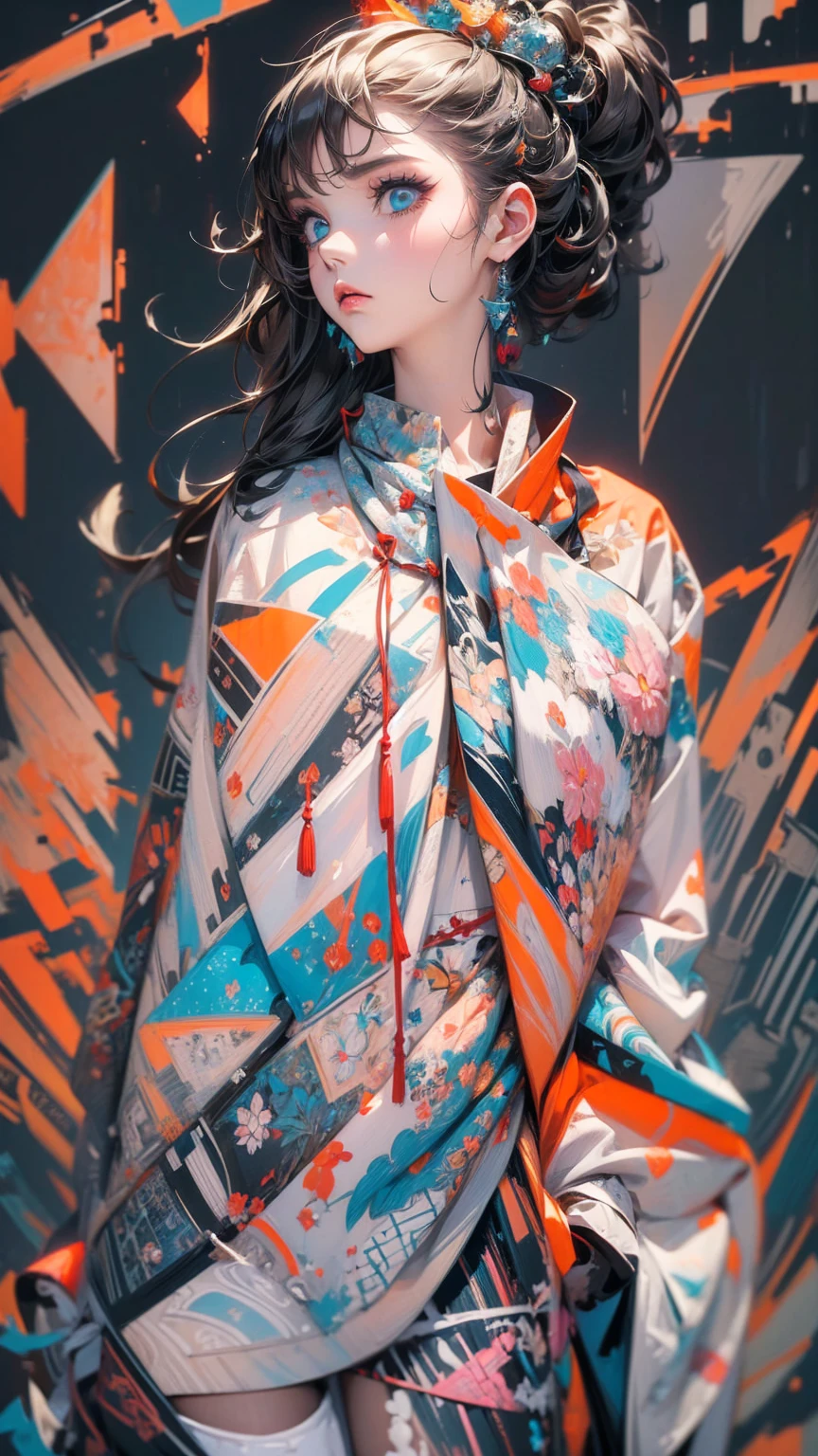 ((masterpiece, High resolution, highest quality, Attention to detail)), 20-year-old female, Upper Body, Avant-garde makeup, Grunge Fashion, abstract design, A fluid fusion of abstract art, Maximalism art style, Geometric art style, Anime Style, Simple lines, Digital Painting,