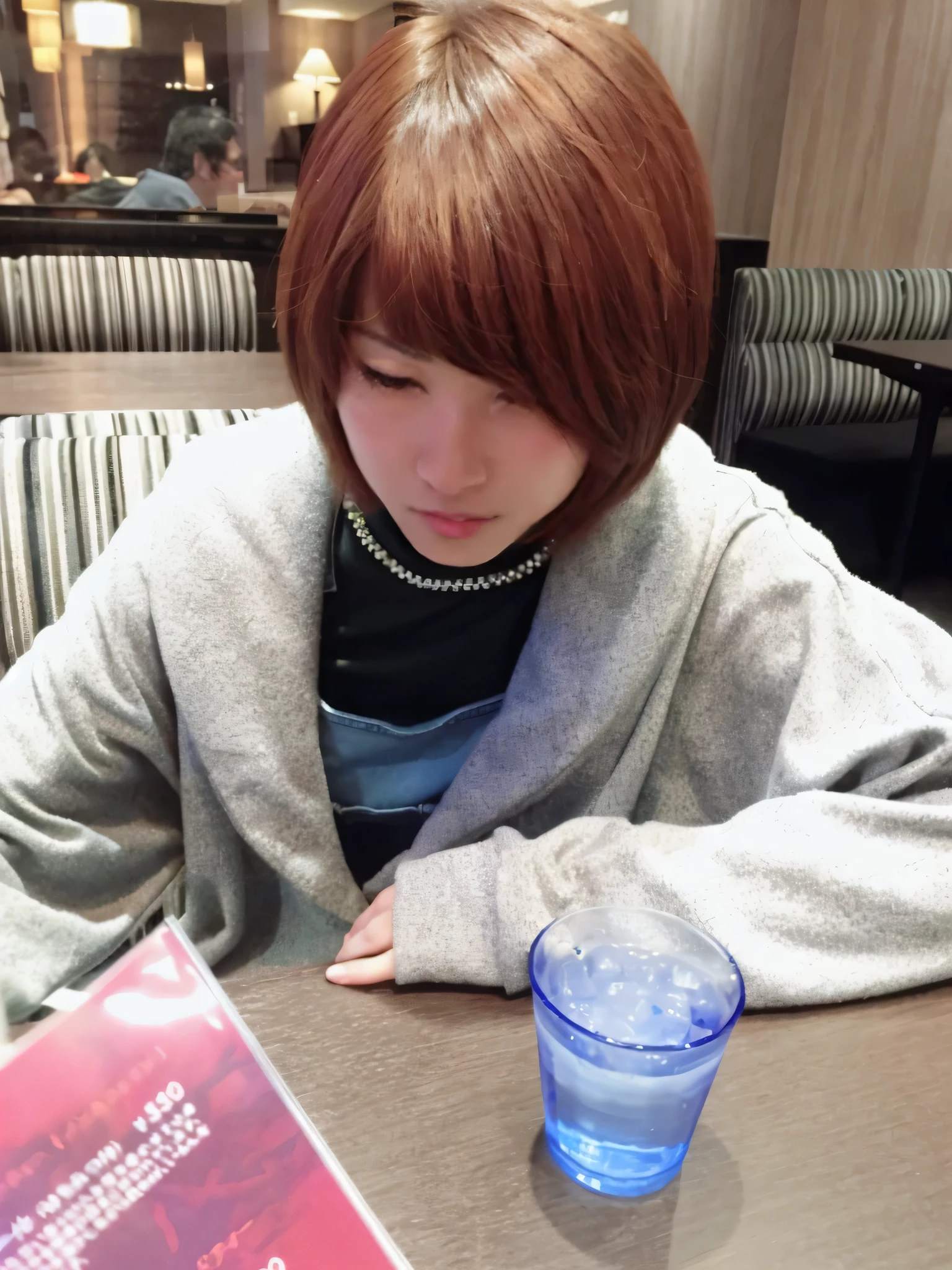 Arabian woman sitting at a table with a book and a glass of water, Chiho, Short hair, Hime cut, sayori, Yoshitomo Nara, Chiho ashima, Sitting in Tokyo, Ayaka, Mysterious Coffee Shop Girl, tsutomo nihie, sitting in a cafe, chihiro! fujisaki