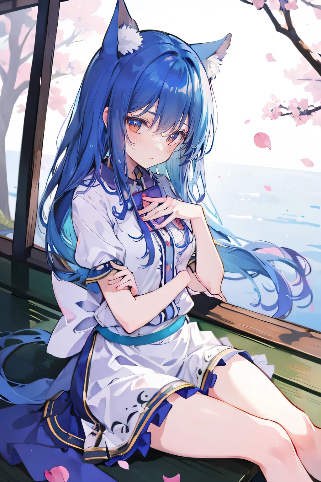 (masterpiece:1.2),ultra-detailed,realistic,expressive eyes,fair-skinned,perfectly shaped face,1girl,
Japanese cartoons,Gorgeous blue hair, flowing blue hair,floating clothes,cat ears,petals falling,beautiful Lola,Hina Angel,
hands on waist,gracefully sitting on the ground,legs crossed,gentle and serene background,cool and comfortable pavilion,shy face ,shy.