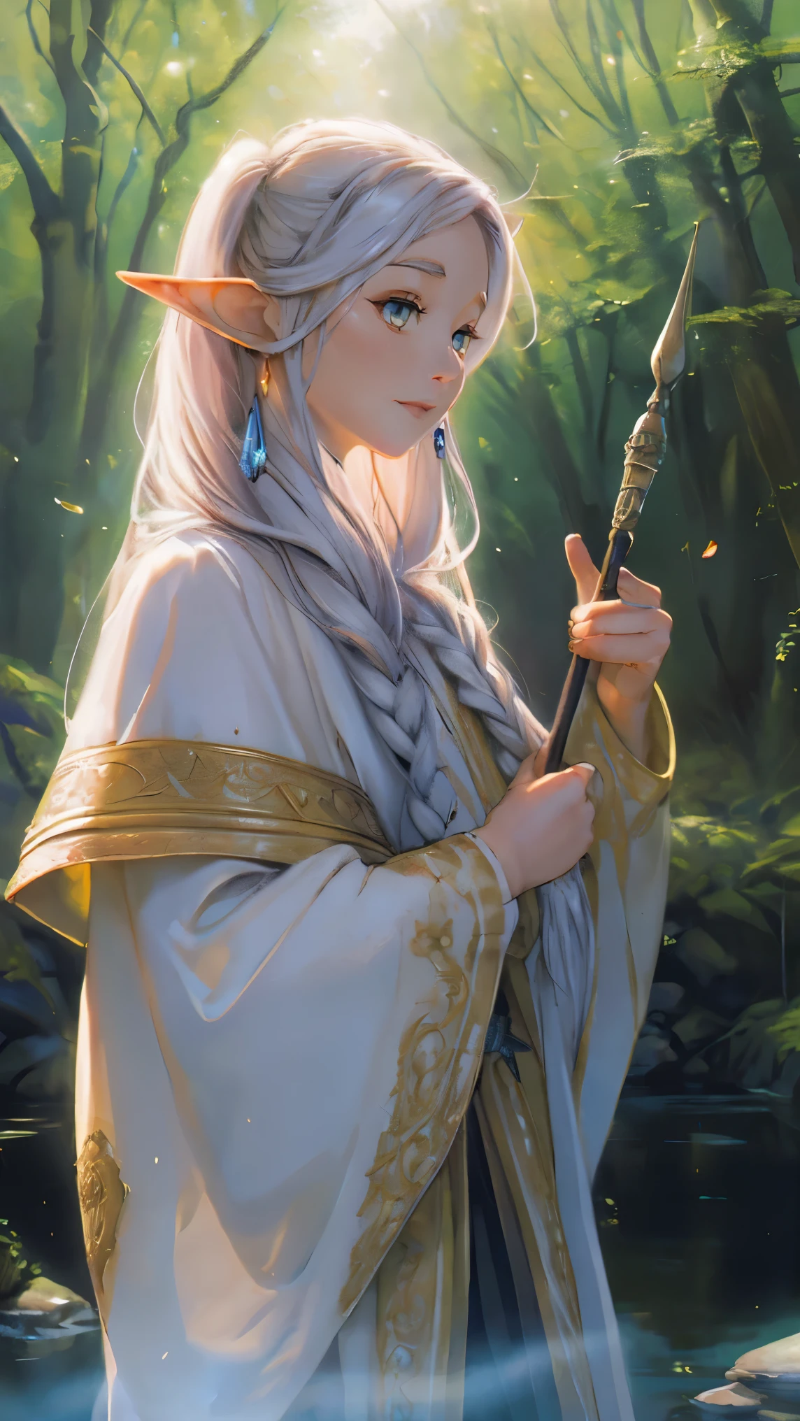 (best quality,4k,highres,masterpiece:1.2),ultra-detailed,realistic:1.37,frieren，front view，detailed eyes,detailed lips,long eyelashes,beautiful girl,fantasy theme,enchanted forest,magical atmosphere,morning light,fairy tale,soft color palette,natural elements,mossy trees,whimsical creatures, ethereal glow,mystical staff,flowing robes,delicate features,wavy hair,rays of sunlight,serene expression,positional light,subtle shadows,artistic brushstrokes,dreamlike texture,depth and dimension,impressive level of detail,radiant beauty,vivid colors,fantasy world,peaceful ambiance，surreal00d