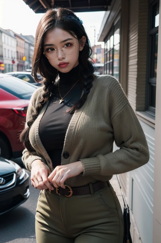 (masterpiece1.5),adult lady,Huge breasts,Solo,(((braid))), Long hair, half-opened mouth,(Red Frame Glasses),(Black hair), (large eyes with double eyelids),(Thick lip),(lofty nose),(High gauge (tight fitted:1.1) (Black:1.3) turtle neck:1.1), (Tuck-in:1.3), (Orange Cardigan:1.2), (checkered (Dark olive green) Tapered pants:1.3), Dark brown belt, Gold necklace, (Dark brown:1.1) lowfers,Nice backgrounds for your subject、beatiful backgrounds、spot light、Vibrant colors、(((Detailed drawing)))、Perfect Beautiful Girl