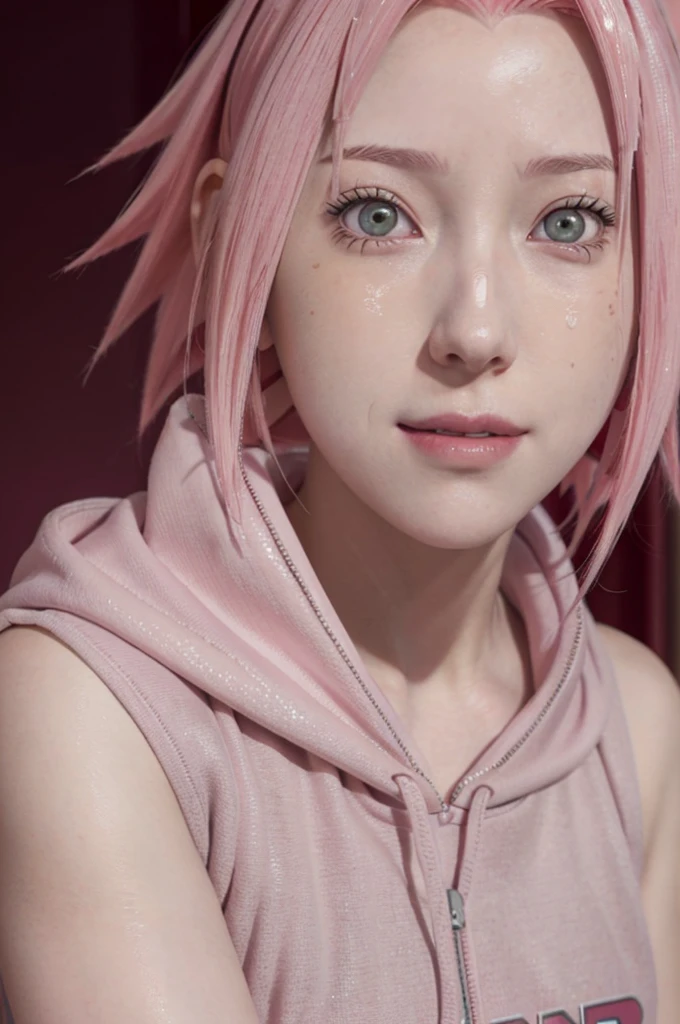 person with short hair and a hoodie, haruno sakura, haruno sakura from naruto, from naruto, as an anime character, perfect anime face, she has pink hair, female anime character, anime character, anime best girl, hime cut hairstyle, pink hair, (red glossy lips:1.3), light green eyes, smile,  (beautiful face:1.3), showing armpits, sweaty body