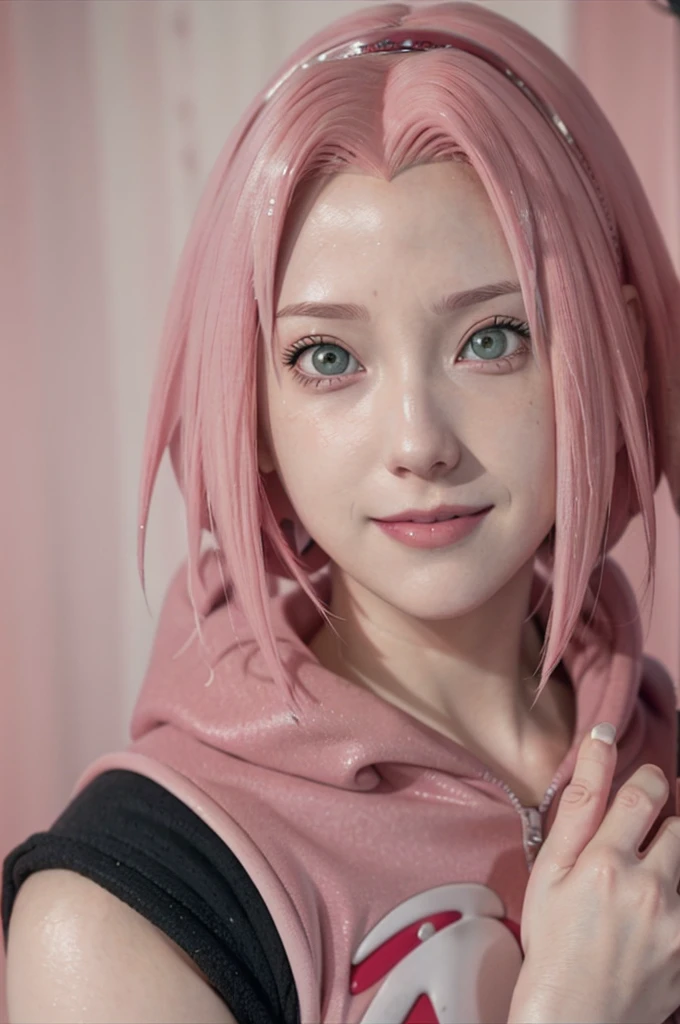 person with short hair and a hoodie, haruno sakura, haruno sakura from naruto, from naruto, as an anime character, perfect anime face, she has pink hair, female anime character, anime character, anime best girl, hime cut hairstyle, pink hair, (red glossy lips:1.3), light green eyes, smile,  (beautiful face:1.3), showing armpits, sweaty body