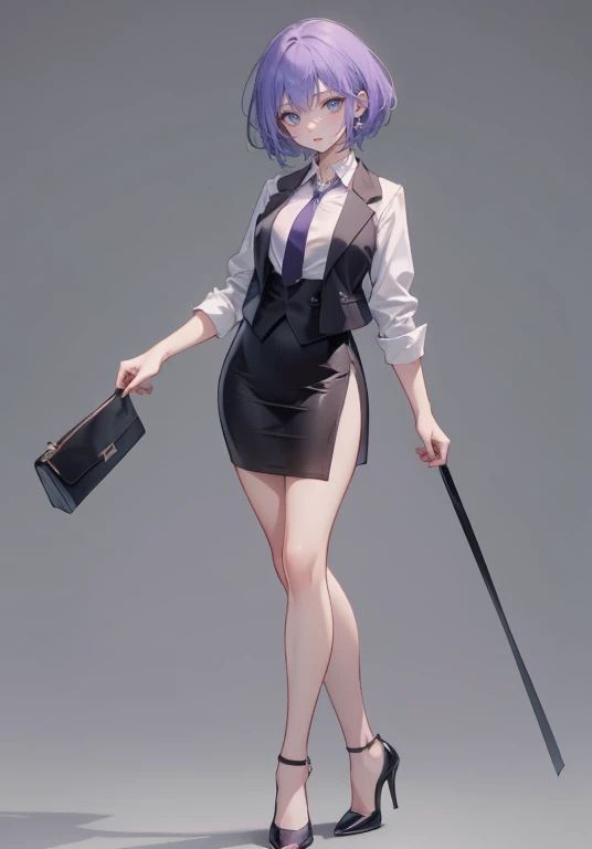 ((Perfect Face)),Purple Hair,Very Short Hair,1 female,,Black vest,Rolled up my sleevesＹshirt,tie,slit,High heels,,((Simple Background)),smile,((Full Body)),((full body)),