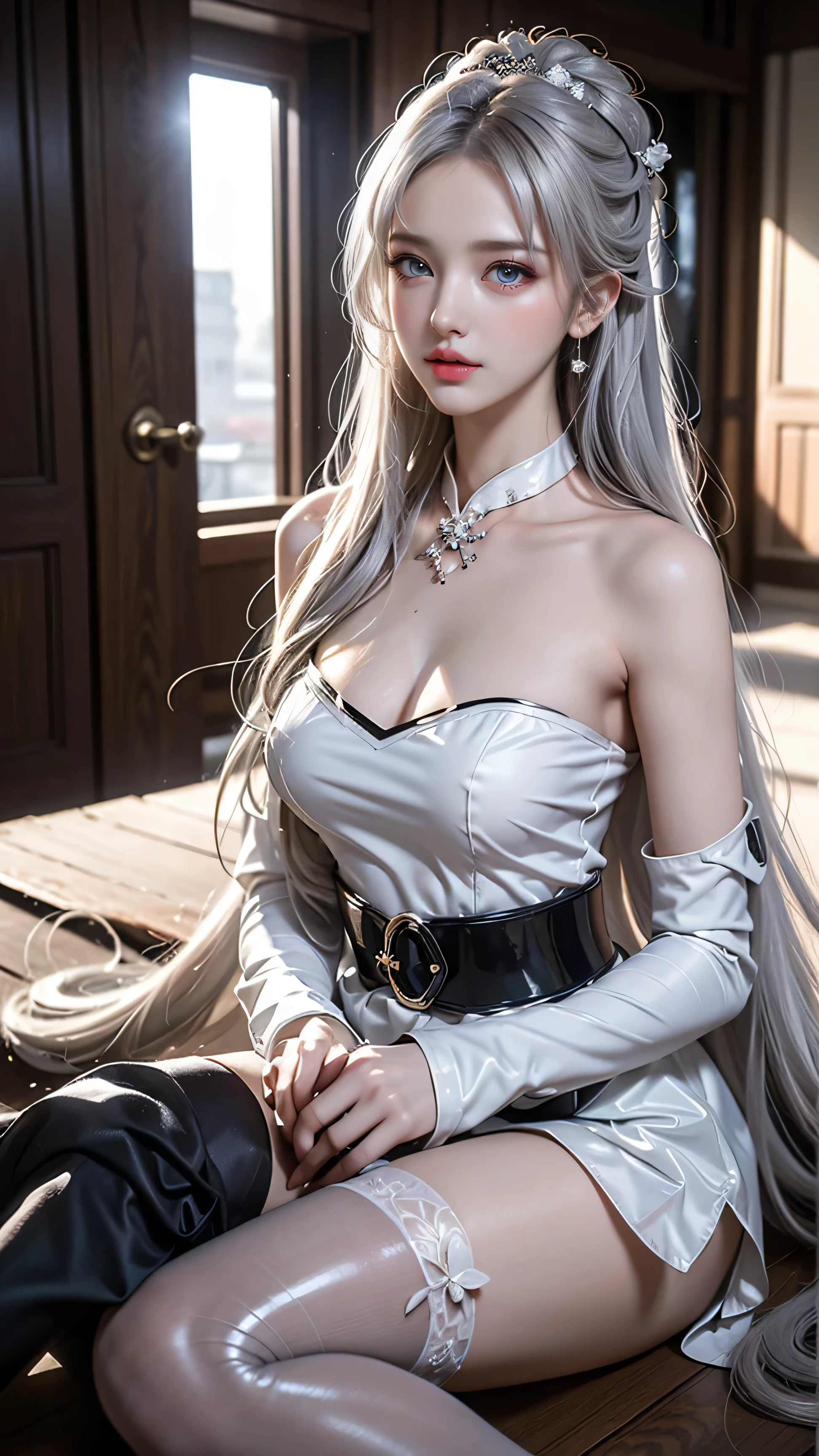 Top quality work,Actual work,Ultra Premium Graphics,8K HD CG works,High quality graphics,High-definition CG works,10x pixels,Extremely fine detail:1.1,Advanced Technical Details:1.1 Photorealistic,Indoor lighting effects:1.5,Natural light:1.5. Light effects(virtual Light effects:1.8),長いSilver Hair,Silver Hair,Transparent Hair,Hair with attention to detail(Premium Hair Detail:1.1)Clear Eyes,Beautiful double eyelids,Sharp eye makeup, Delicate eyelash makeup, Thin eyebrows, Highly detailed eyes,High nose, Nice red lips, Rose Cheeks, A face with subtle makeup , Cute face, perfectly balanced face,(Advanced Face Detail:1.1),Girl in maid outfit、 Cosplay, Knee socks, High heels, See-through,,The moonlight pours down like water,Foggy Room,Like a fairy in a painting,Slim sexy legs,A beautiful face is beautiful and delicate,Like a finely carved piece of jade、The waves in my eyes are like twinkling stars,Show the light of patience and wisdom。The bridge of the nose is straight,Cherry lip color, her face is clear,Her skin is as white as jade,Gives a healthy glow,Her makeup is light and subtle.,Not too decorative,A light-toned foundation enhances the clarity of your skin.,Eye makeup: eyeshadow and eyeliner,Make her eyes brighter and more cheerful、Add a touch of glamour and sophistication,Wear white to beat the snow,Clothes fluttering,It's about to be blown away by the wind,Drifting Away。Beautifully embroidered patterns on clothing,Without losing grace,Showing off incredible skills。Wear a wide belt around your waist,A transparent jade pendant hangs from it.,Swaying with her movements。Her hair is casually tied back,Fix with hosta,A few strands of hair are swaying gently in the wind,Add a little softness、Charmed everyone'Note、Grace、mystery、full of power。