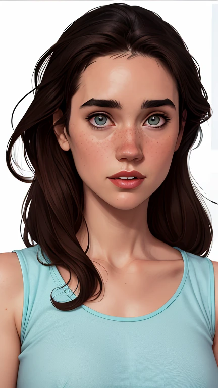 Character style illustration style Completely bare breasts showing small fear Breast size Cartoon name: white background medium breasts freckled face Jennifer Connelly actress strong contours Physical description - long, straight hair, tingidos de um marrom vibrante que contrasta com sua pele clara. - You reflect a mix of curiosity and determination. - Ela tem uma estatura alta, with a slender and agile figure, evidenciando sua agilidade e destreza. -fundo colorido Design de personagens de retrato, beautiful digital illustration, retrato de alta qualidade, Arte em quadrinhos, Corpo inteiro sensualizando ou pelada. folha de retorno. return sheet member clothes of the day hell day expression love using sanserina and Harry Potter clothes 