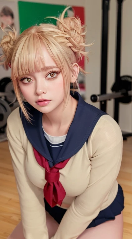 (Best Quality,4K,8K,hight resolution,masutepiece:1.2),Ultra-detailed,(Realistic,photoRealistic,photo-Realistic:1.37),nffsw,nffsw,Studio Lighting,Ultra-fine painting,Sharp Focus,Physically-based rendering,extreme detail description,Professional,Vivid colors,Bokeh,Portraits,landscape,beautiful bob haircut girl,Beautiful detailed eyes,plump breasts,Brubruma,white gym uniform,gym room with wooden floor,School,1 girl in the photo,Watching the viewer,a photo of girl