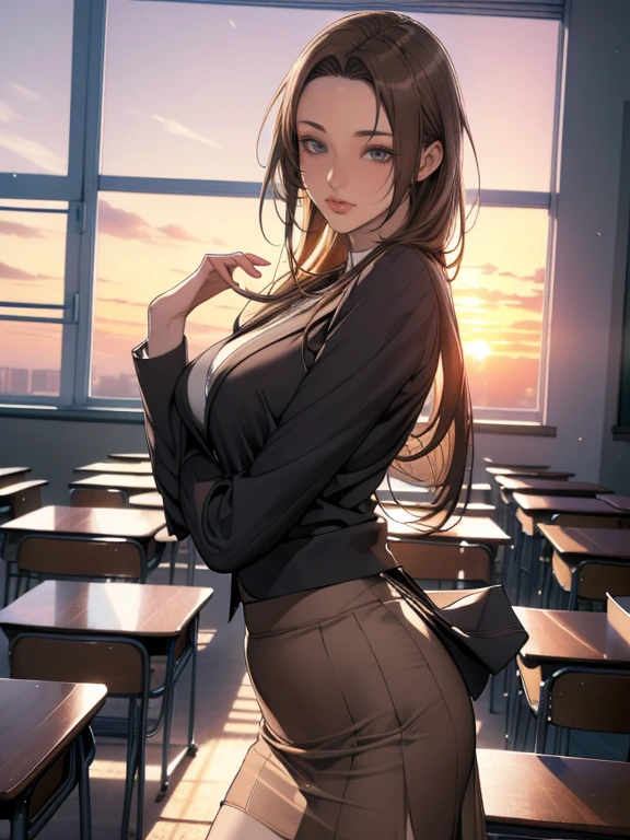 (8k,Photorealistic, masutepiece, Best Quality, Raw photo:1.3)、1woman in, 25years old,Solo,school girl, Long hair, Brown hair, Detailed beautiful face, alluring face, (Detailed beautiful brown eyes:1.2), medium breasts,(loose suit, sheer Skirt :1.35), ( Perfect body skinny beauty: 1.4),( temptation Pose:1.3), (Looking at Viewer, front view,eyes focus:1.2), Detailed background, (sunset:1.2), classroom,fine detailed, intricate detailes,  Ray tracing, depth of fields, seductive smile,classroom,