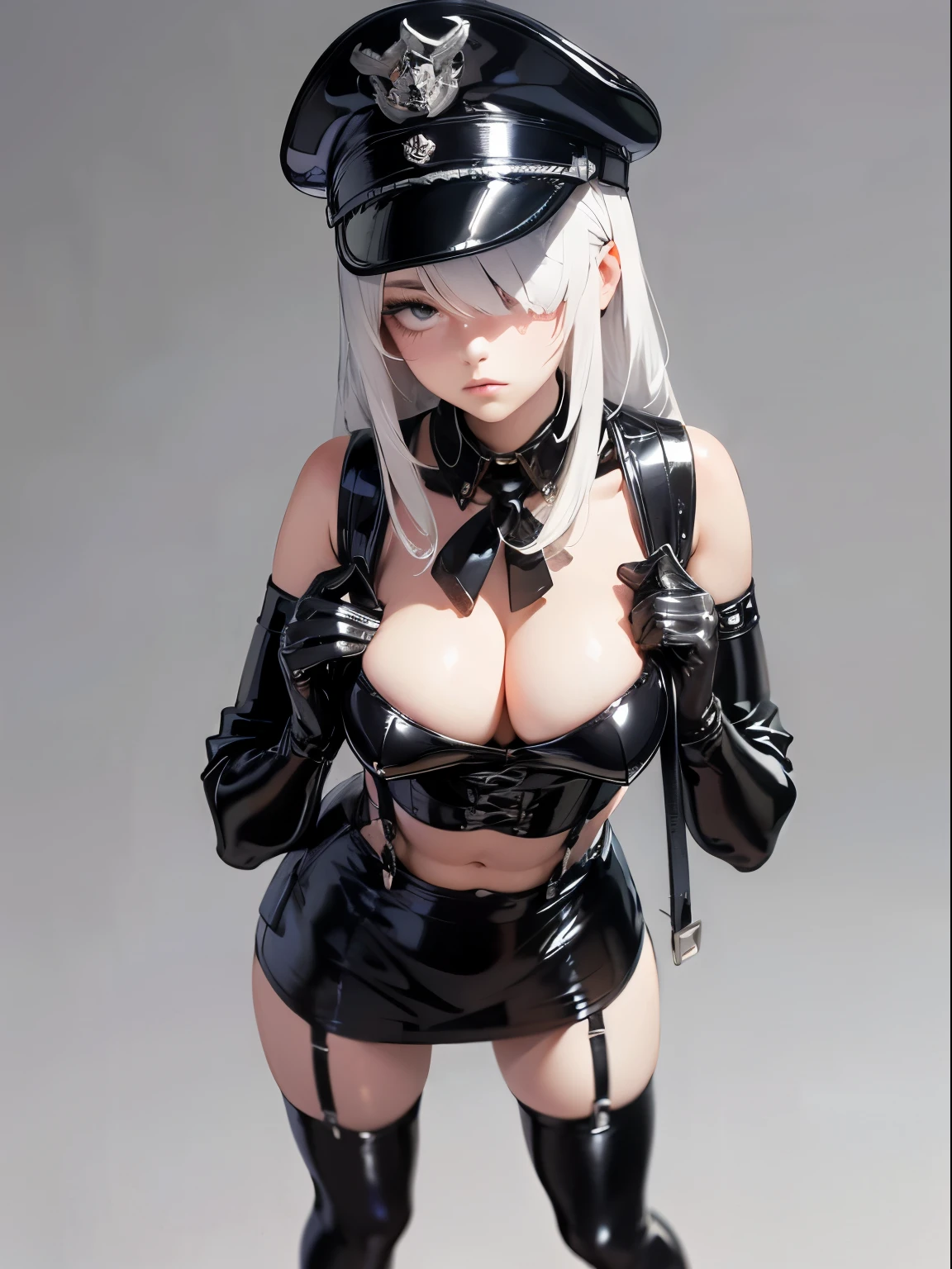 ((Best quality)), ((masterpiece)), (detailed), perfect face, (latex corset with white fabric on the chest), (latex clothes), ((latex stockings with suspenders)), (long white hair), (black long latex gloves), (full height), (standing sexy pose), (hands on chest), ((black platform high heel shoes)) , ((black latex officer's cap on his head)), ((closed chest 3 sizes)), (a slim body), ((short latex school miniskirt)), (stern look), (serious face), (Knees together), (bangs covering one eye), (open shoulders), (adult girl), (Knees together), (Beautiful detailed eyes)