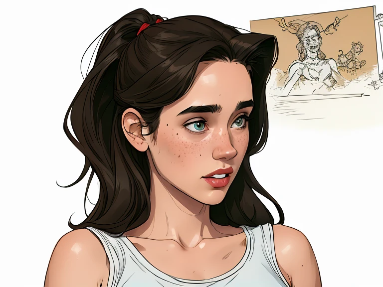 Character style illustration style Completely bare breasts showing small fear Breast size Cartoon name: white background medium breasts freckled face Jennifer Connelly actress strong contours Physical description - long, straight hair, tingidos de um marrom vibrante que contrasta com sua pele clara. - You reflect a mix of curiosity and determination. - Ela tem uma estatura alta, with a slender and agile figure, evidenciando sua agilidade e destreza. -fundo colorido Design de personagens de retrato, beautiful digital illustration, retrato de alta qualidade, Arte em quadrinhos, Corpo inteiro sensualizando ou pelada. folha de retorno. return sheet member clothes of the day hell day expression love using sanserina and Harry Potter clothes