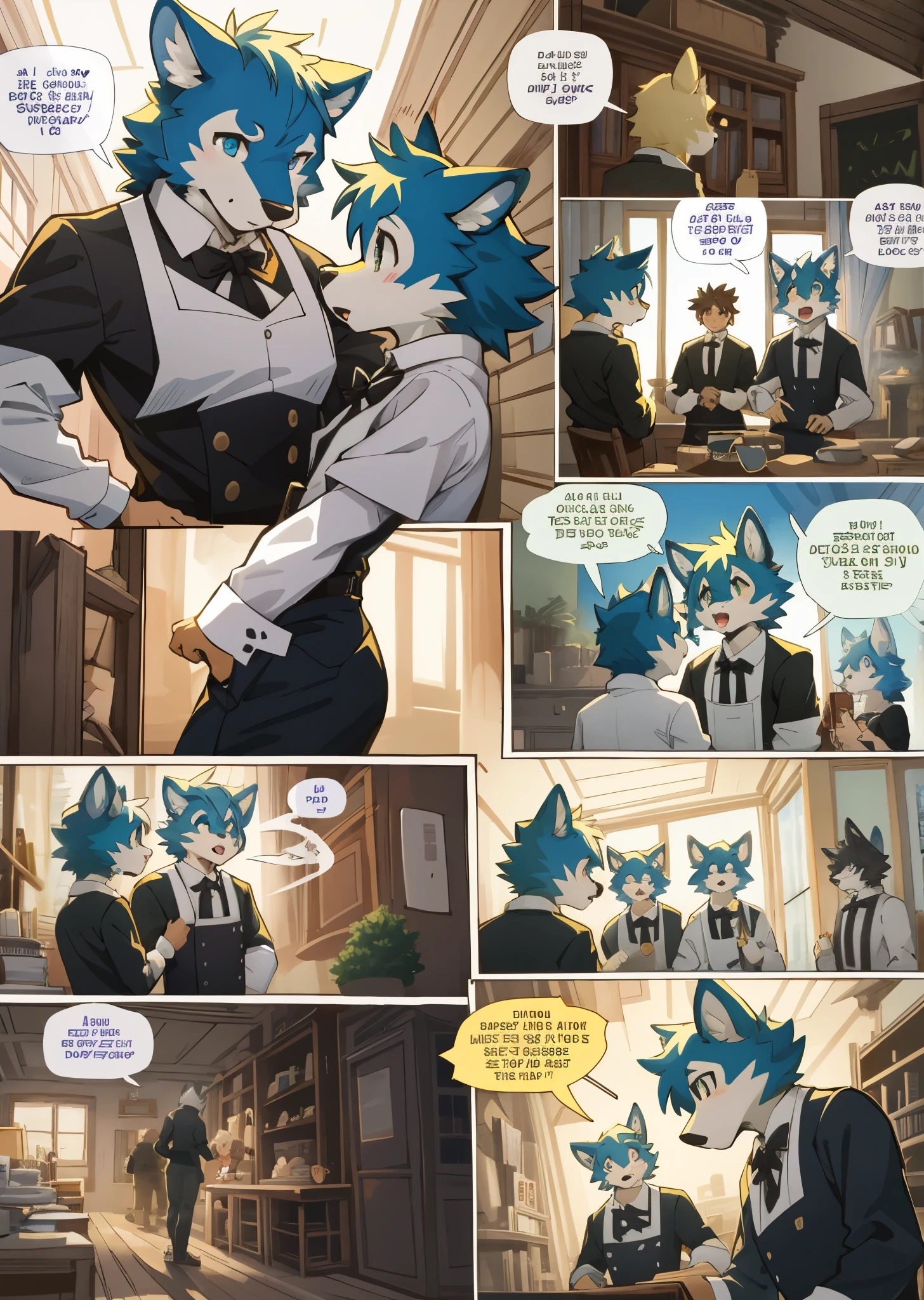 top quality, best quality, highres, masterpiece, super high resolution, detailed background, Casual reutaurant interior, part-time job, waiter, Butler, 6+boys, 6+girls, absurdres(highly detailed beautiful face and eyes)perfect anatomy, good lighting, cinematic shadow(kemono, furry anthro)assorted expressions, assorted poses, assorted angles, full body, upper shot, dynamic angle(girls comic-like panel layouts, speech balloon, English text, Hand-drawn sound effects stickers used in girls comic),