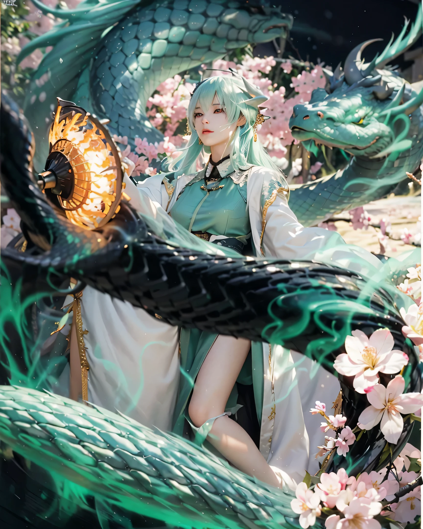 (KIYOHIME_FATE GRAND ORDER),((realistic, photorealistic)),(highlight hair)), Light reflection, (( HD )),((upper body)), (((best quality, masterpiece))), (masterpiece) (best quality) (detail) (8k) (HDR) (wallpaper) (cinematic lighting) (sharp focuasterpiece, best quality: 1.1), Real life adaption of this character, Asian  beauty face, Shining Purple eyes, realistic outfit, realistic shadow, realistic light, realism, hyper realistic, realistic background,(photorealistic:1.2), 1girls,Background of cherry blossom trees, dragon snake coiled body, dragon snake scales, holding fan kiyohime Fate Grand order,Sakura foreground blur, smoke spirit mist, glowing fan, glowing dragon snake eyes, detailed dragon snake head, flying cherry blossoms,Motion blur of coiled snake 