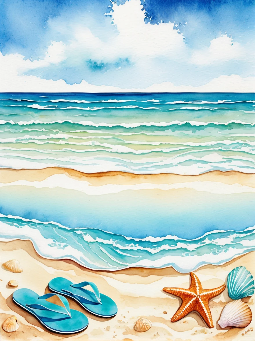 Envision a serene picturesque beach scene, captured in the soft and fluid painting style associated with watercolor artistry. In the foreground, soft golden sand is scattered with an assortment of seashells of various shapes and sizes. A beach towel, a sun hat, and a pair of flip-flops suggests a day of relaxation. Rolling turquoise waves gradually meeting the shore, creating a delicate frothy white lace at the edge. Behind, an endless expanse of azure ocean stretches out to merge into a beautifully gradient sky, transitioning from a deep blue at the zenith to a soft pinkish hue at the horizon. Wisps of clouds dot the expanse, accentuating the tranquility of the scene.