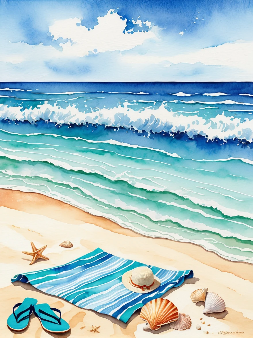 Envision a serene picturesque beach scene, captured in the soft and fluid painting style associated with watercolor artistry. In the foreground, soft golden sand is scattered with an assortment of seashells of various shapes and sizes. A beach towel, a sun hat, and a pair of flip-flops suggests a day of relaxation. Rolling turquoise waves gradually meeting the shore, creating a delicate frothy white lace at the edge. Behind, an endless expanse of azure ocean stretches out to merge into a beautifully gradient sky, transitioning from a deep blue at the zenith to a soft pinkish hue at the horizon. Wisps of clouds dot the expanse, accentuating the tranquility of the scene.