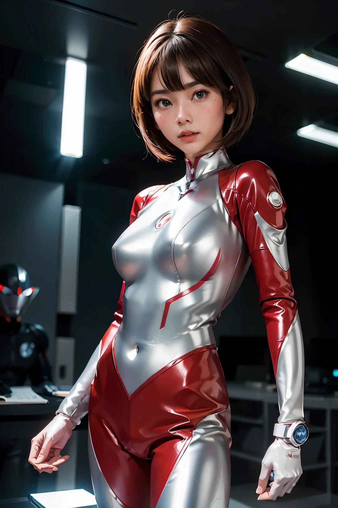 Ultraman、realistic、realistic、cinematic lighting, Girl in a shiny red and silver suit、、professional photos、Don'Do not expose your skin, japanese model, japanese cgi、Ultraman Suit、, Power Rangers Suit、tight and thin cyber suit,Whole body rubbery、There's pink There、 delicate body, big breasts、small ass、thin thighs、thin arms、thin waist、camel toe、Both sides of the cyber suit stick to the skin、Big eyes、black short hair、facing the front、facing the front立っている、A glowing sphere is embedded in the chest.、Essay Examination、 blue sky background