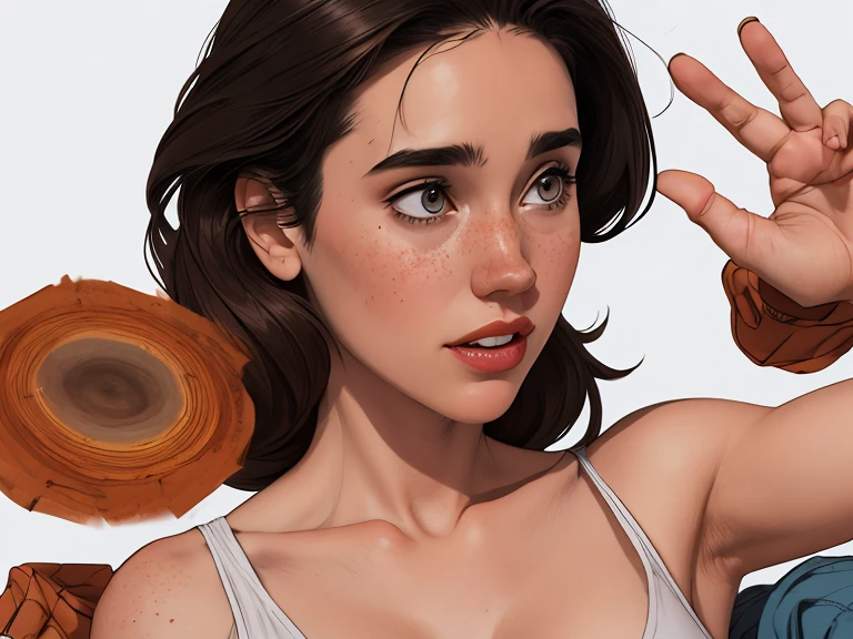Character style illustration style Completely bare breasts showing small fear Breast size Cartoon name: white background medium breasts freckled face Jennifer Connelly actress strong contours Physical description - long, straight hair, tingidos de um marrom vibrante que contrasta com sua pele clara. - You reflect a mix of curiosity and determination. - Ela tem uma estatura alta, with a slender and agile figure, evidenciando sua agilidade e destreza. -fundo colorido Design de personagens de retrato, beautiful digital illustration, retrato de alta qualidade, Arte em quadrinhos, Corpo inteiro sensualizando ou pelada. folha de retorno. return sheet member clothes of the day hell day expression love using sanserina and Harry Potter clothes