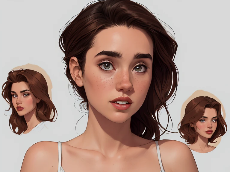 Character style illustration style Completely bare breasts showing small fear Breast size Cartoon name: white background medium breasts freckled face Jennifer Connelly actress strong contours Physical description - long, straight hair, tingidos de um marrom vibrante que contrasta com sua pele clara. - You reflect a mix of curiosity and determination. - Ela tem uma estatura alta, with a slender and agile figure, evidenciando sua agilidade e destreza. -fundo colorido Design de personagens de retrato, beautiful digital illustration, retrato de alta qualidade, Arte em quadrinhos, Corpo inteiro sensualizando ou pelada. folha de retorno. return sheet member clothes of the day hell day expression love using sanserina and Harry Potter clothes