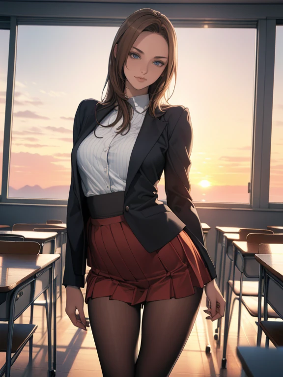 (8k,Photorealistic, masutepiece, Best Quality, Raw photo:1.3)、1woman in, 25years old,Solo,school girl, Long hair, Brown hair, Detailed beautiful face, alluring face, (Detailed beautiful brown eyes:1.2), medium breasts,(loose suit, sheer Skirt :1.35), ( Perfect body skinny beauty: 1.4),( temptation Pose:1.3), (Looking at Viewer, front view,eyes focus:1.2), Detailed background, (sunset:1.2), classroom,fine detailed, intricate detailes,  Ray tracing, depth of fields, seductive smile,classroom,