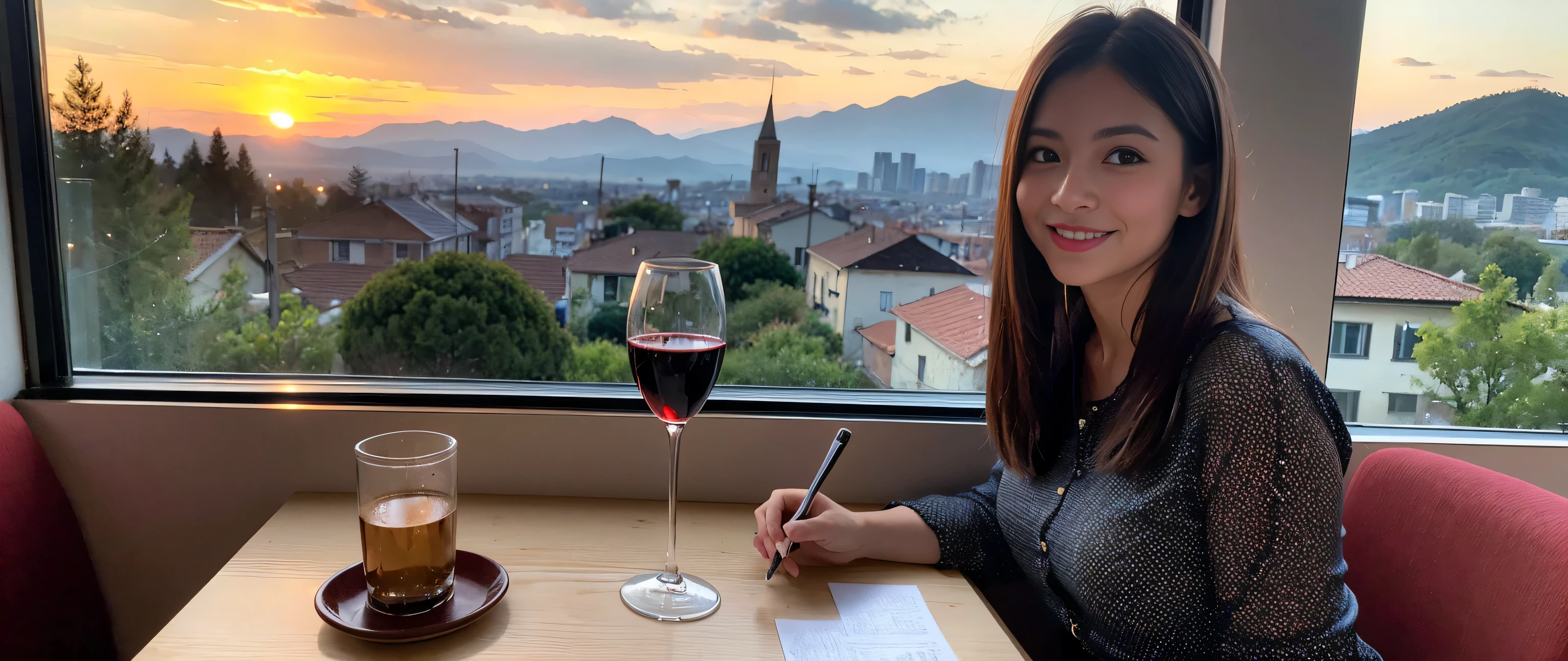 ((highest quality、8k、masterpiece:1.3))、Sharp focus:1.2、Beautiful woman perfect body:1.4、Slim body、((Bob Hale、Straight hair:1.2))、(to be born, highest quality, masterpiece:1.5), (Realistic, Intricate details:1.2), Ultra-high resolution, shine a light on your face、Spectacular view of the sunset sky and clouds、Amazing mountain views、A bright smile、wine glass、red wine 、Appetizer、Italian food、Wine bottle、Champagne、sparkling wine、, Beautiful Face, blue eyes, The light shines on your face, Blushing, short hair,Bright Face、Fox face、 (36 years old), 39 years old, Lady、Two beauties、Brown Hair、Shortcuts、Long sleeve shirt、dress、Pretty Woman 1, (slim face), (The body is slim), (Brown Hair), (Shortcuts), cheeks turn a little red,Attractive beauty、, Out of the window, A beautiful and detailed night view unfolds.........., restaurant, In a prominent place (From the waist up) Nova Frog Style, actress, model, Upper Body, White wine, slim, wine glass, A wine glass placed in the middle, smile, (smile: 1.15), Beautiful fine grain, Depth f/2,saturation, High Contrast, Strong light and shadow,Moist Body:1.5、3D texture、Delicate eyes、Brown Hair、The hair is very shiny、