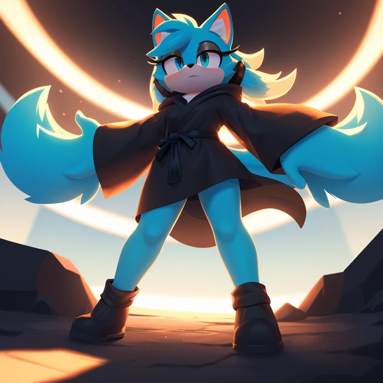 masterpiece, best quality, 4k, 8k, hyper detailed, Cat, Mobian, 1girl, turquoise fur, grey eyes, expressionless, vivid colors, vibrant lighting, dynamic lighting, high contrast, looking at viewer, from below, black robe,