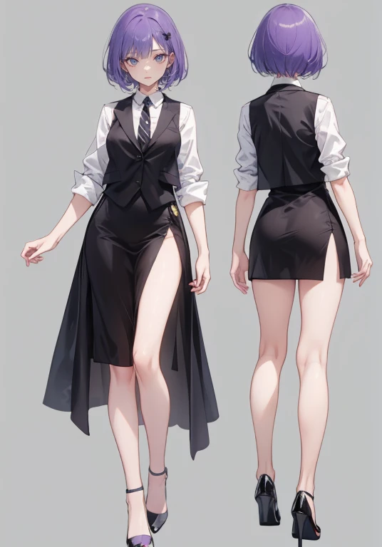 ((Perfect Face)),Purple Hair,Very Short Hair,1 female,,Black vest,Rolled up my sleevesYshirt,tie,slit,High heels,,((Simple Background)),smile,((Full Body)),((full body)),