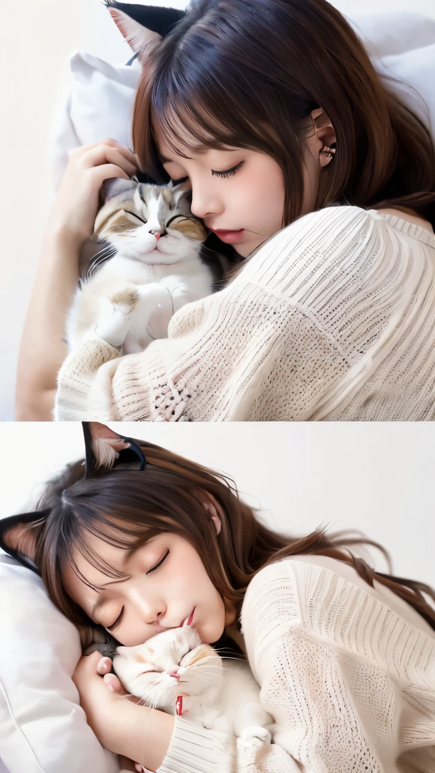 masterpiece, 4K, Bokeh, (cute:1.5), (beautiful girl:1.3), (Japanese Idols:1.6), (Cat ear:1.3) , (sweater:1.3), (I like cats:1.6), blushed, close, (Holding a cute sleeping white cat :1.5), (kiss to cat:1.3), (White Background :1.4),