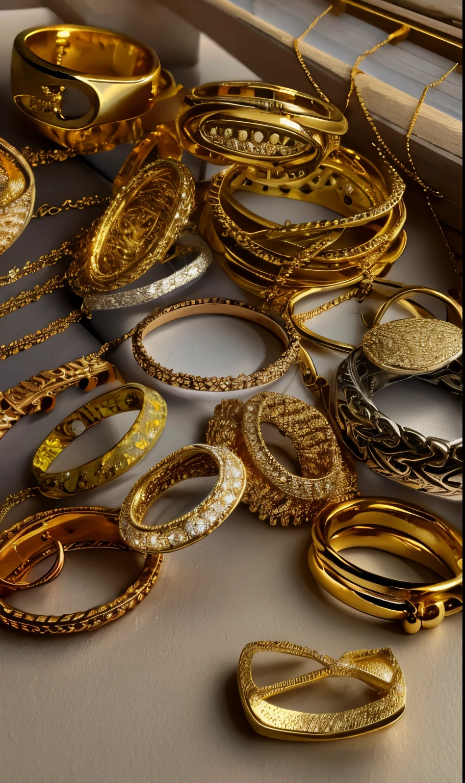 24k gold rings and necklaces、A lot of bracelets piled up,Treasure trove,no need for people,Background Don&#39;t