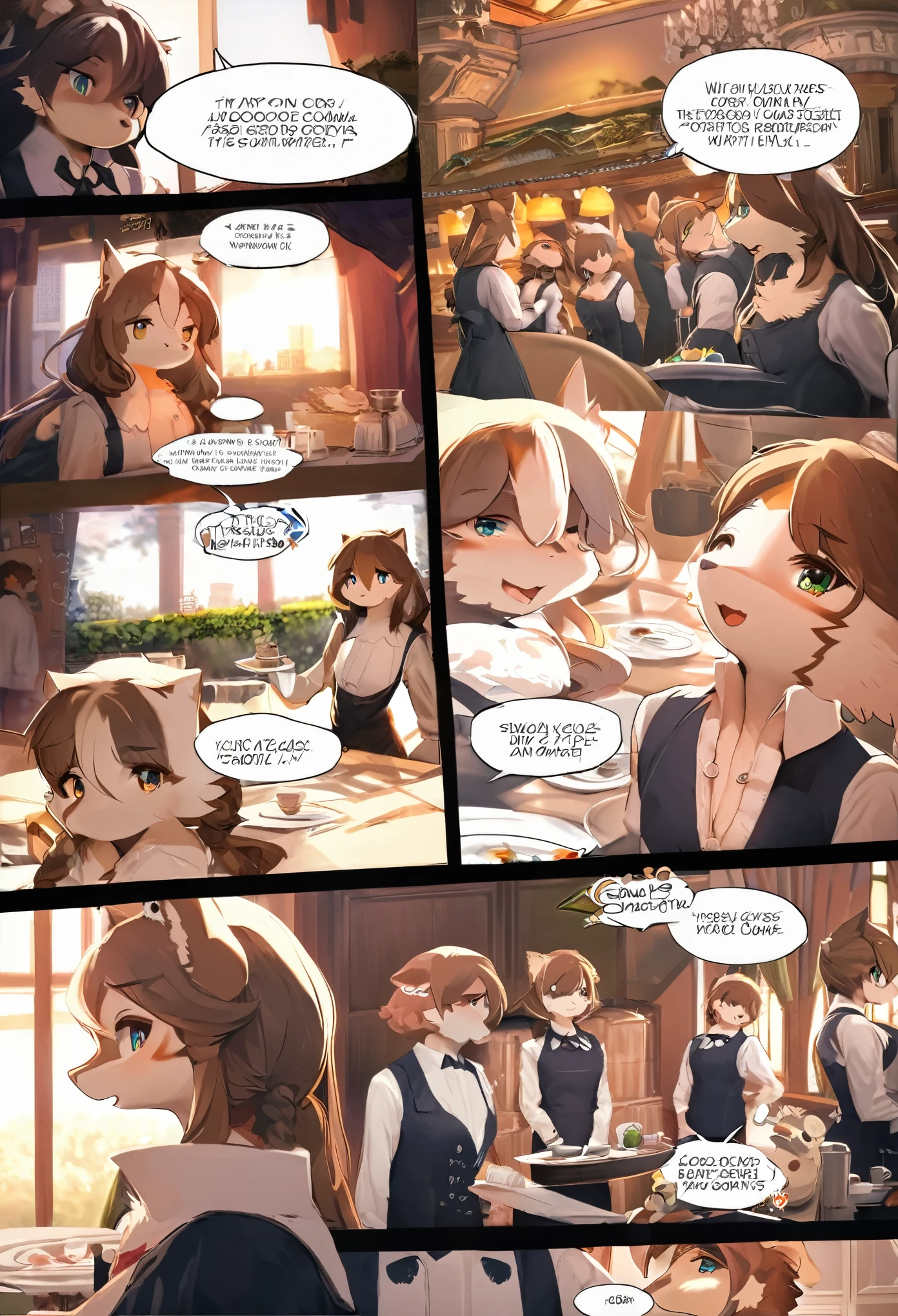 top quality, best quality, highres, masterpiece, super high resolution, detailed background, Casual reutaurant interior, part-time job, waiter, Butler, 6+boys, 6+girls, absurdres(highly detailed beautiful face and eyes)perfect anatomy, good lighting, cinematic shadow(kemono, furry anthro)assorted expressions, assorted poses, assorted angles, full body, upper shot, dynamic angle(girls comic-like panel layouts, speech balloon, English text, Hand-drawn sound effects stickers used in girls comic),