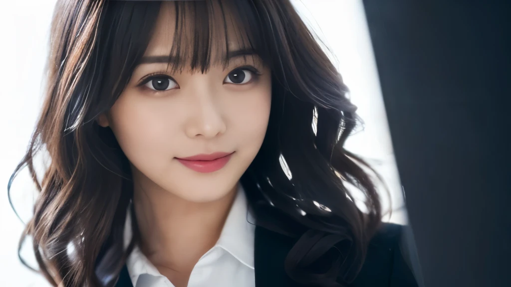 (masterpiece:1.2,highest quality),((White background)),((Photographed with an ultra-wide-angle single focus lens)),depict the upper body,1 young woman,((suit)),(Big Breasts),((Look to the side)),Black wavy hair,((Fine and beautiful eyes)),blushed,Healthy Skin,(smile),8k resolution