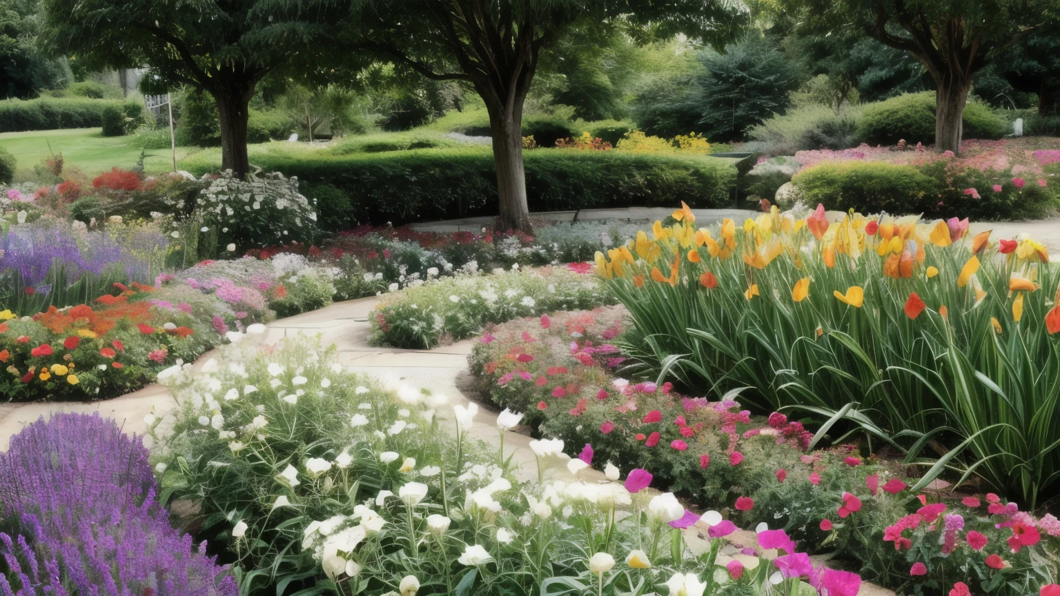 beautiful flower garden, flower beds, meadow, butterflies